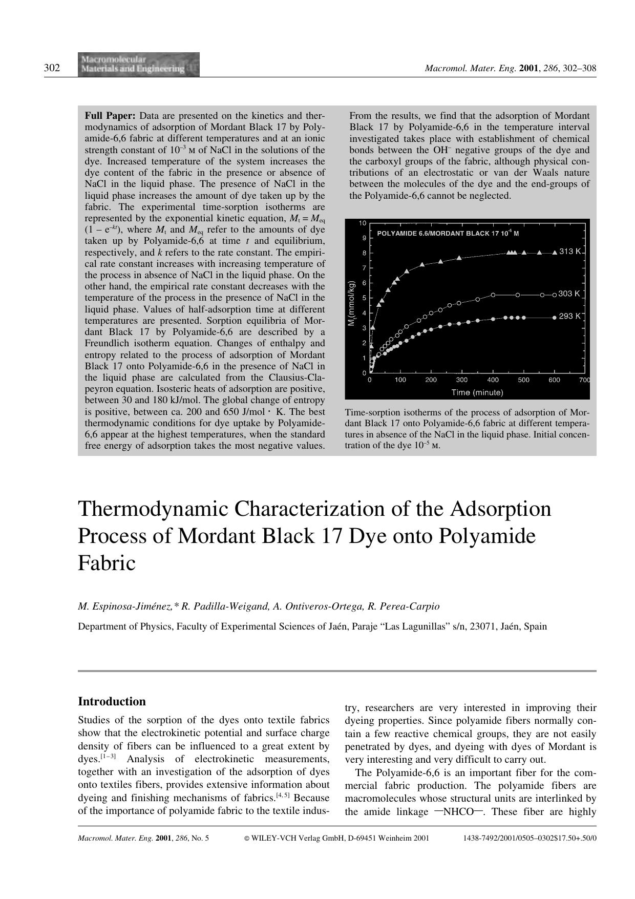 Thermodynamic Characterization of the Adsorption Process of Mordant Black 17 Dye onto Polyamide Fabric by Unknown
