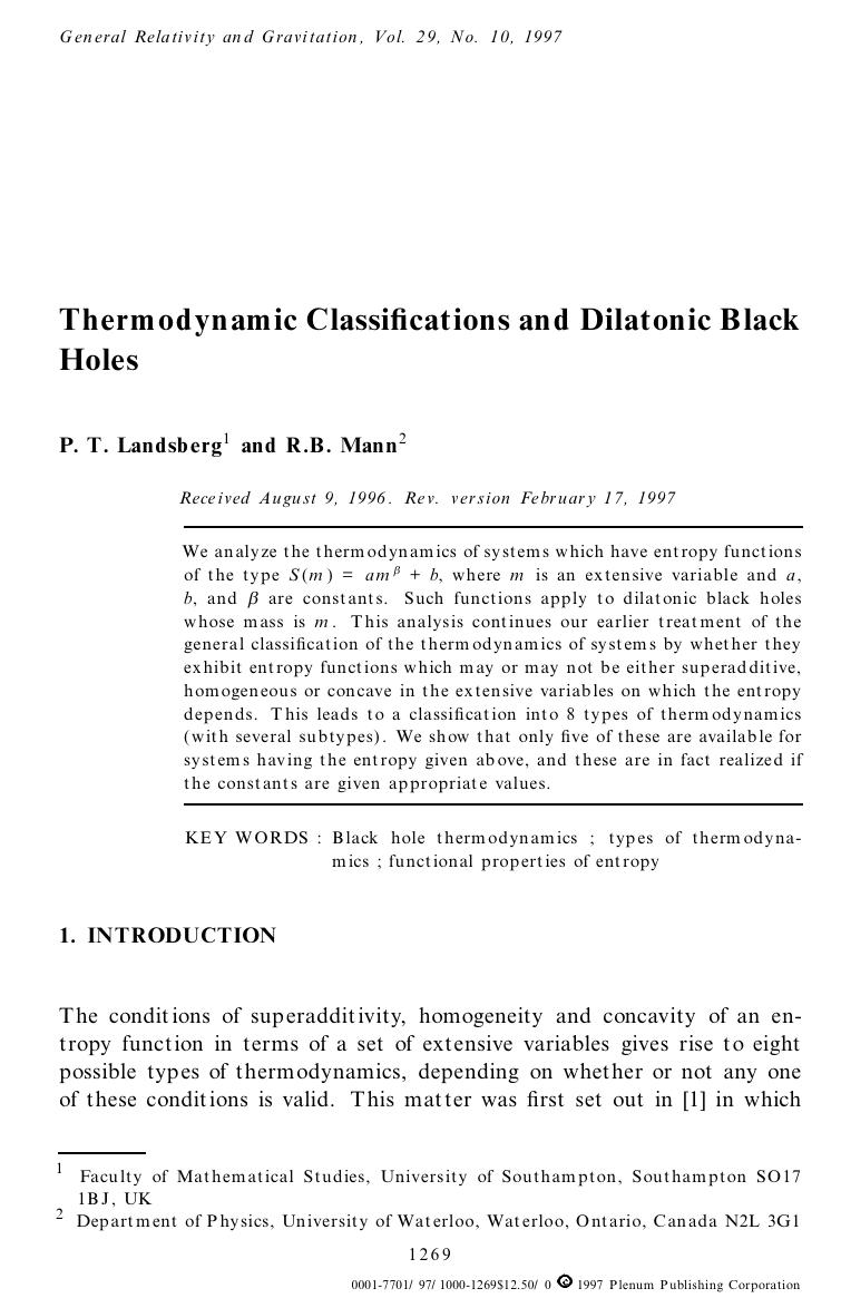 Thermodynamic Classifications and Dilatonic Black Holes by Unknown