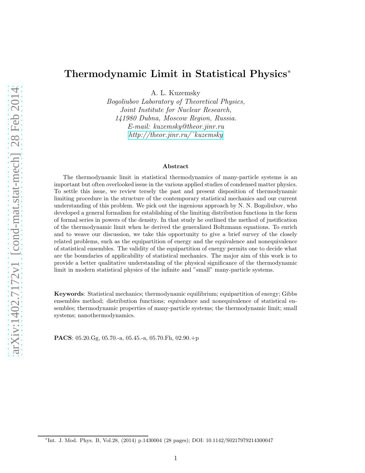 Thermodynamic Limit in Statistical Physics by Kuzemsky A.L
