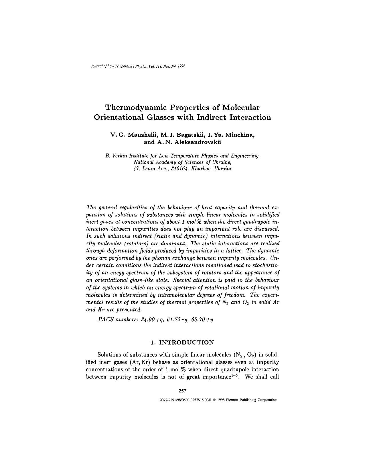 Thermodynamic Properties of Molecular Orientational Glasses with Indirect Interaction by Unknown