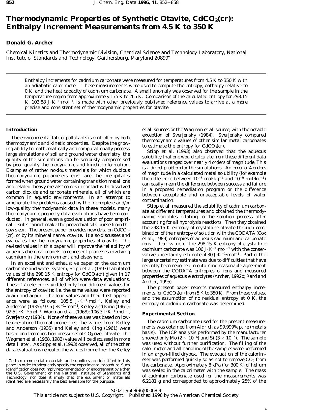 Thermodynamic Properties of Synthetic Otavite, CdCO3(cr): Enthalpy Increment Measurements from 4.5 K to 350 K by Donald G. Archer