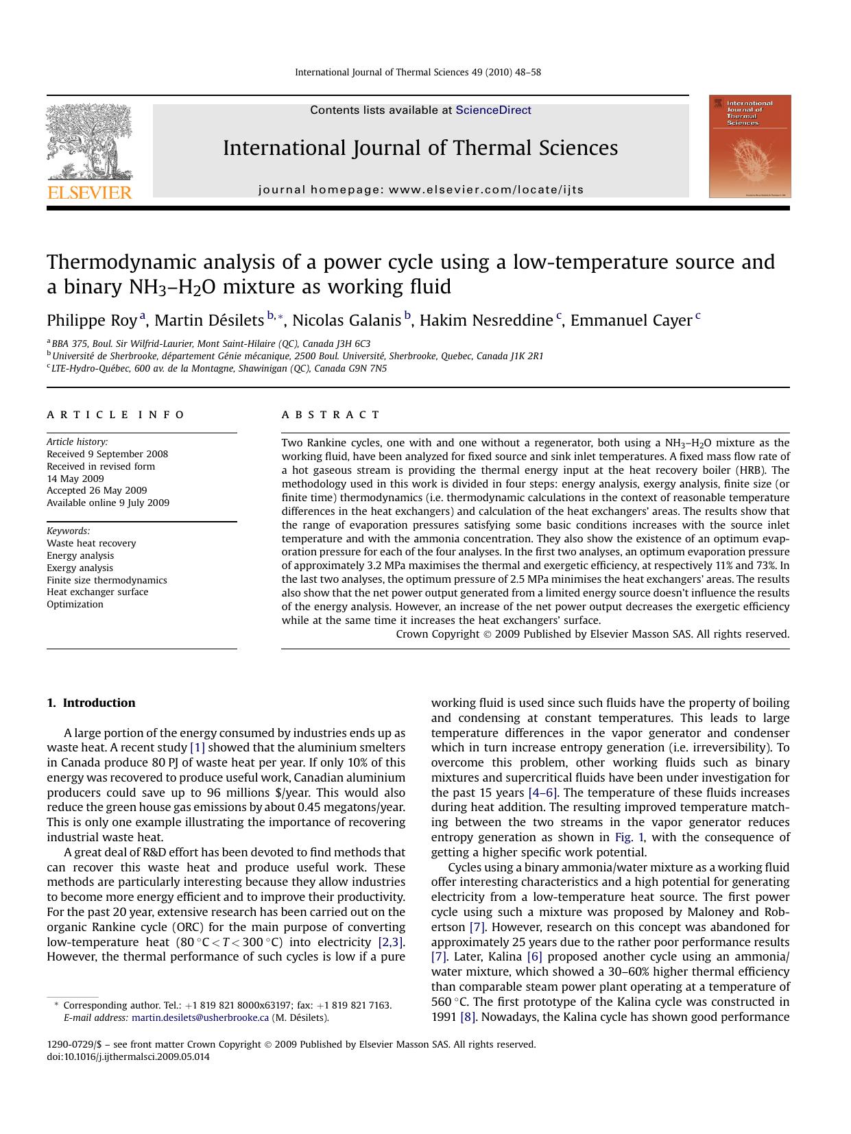 Thermodynamic analysis of a power cycle using a low-temperature source and a binary NH3-H2O mixture as working fluid by Philippe Roy; Martin DEsilets; Nicolas Galanis; Hakim Nesreddine; Emmanuel Cayer