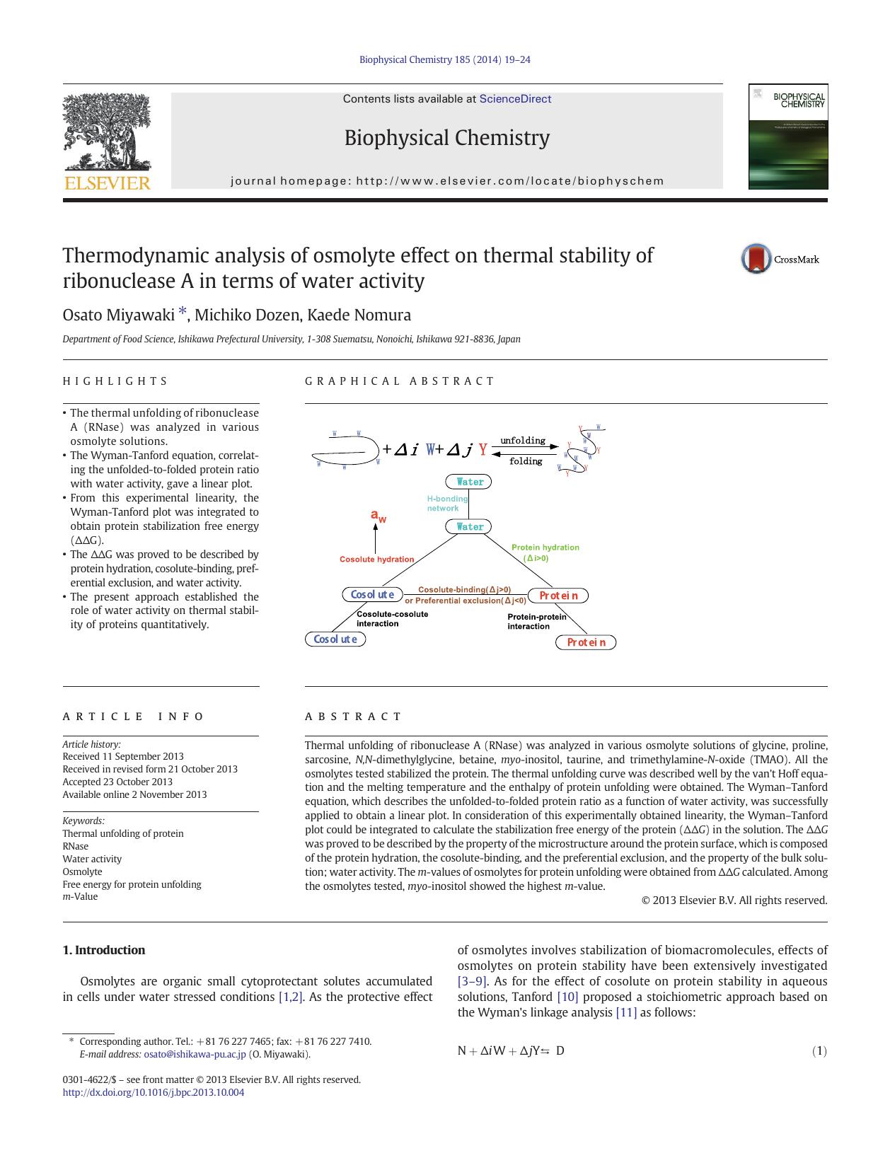 Thermodynamic analysis of osmolyte effect on thermal stability of ribonuclease A in terms of water activity by Osato Miyawaki & Michiko Dozen & Kaede Nomura