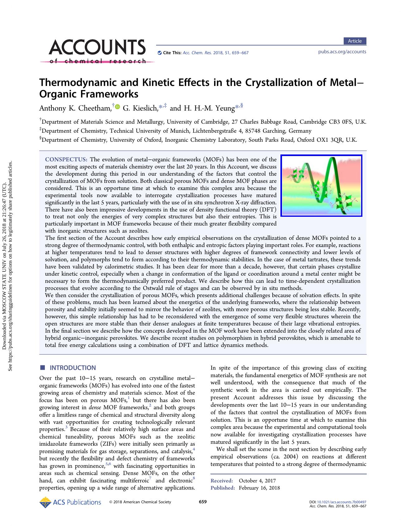 Thermodynamic and Kinetic Effects in the Crystallization of MetalâOrganic Frameworks by Anthony K. Cheetham G. Kieslich & H. H.-M. Yeung