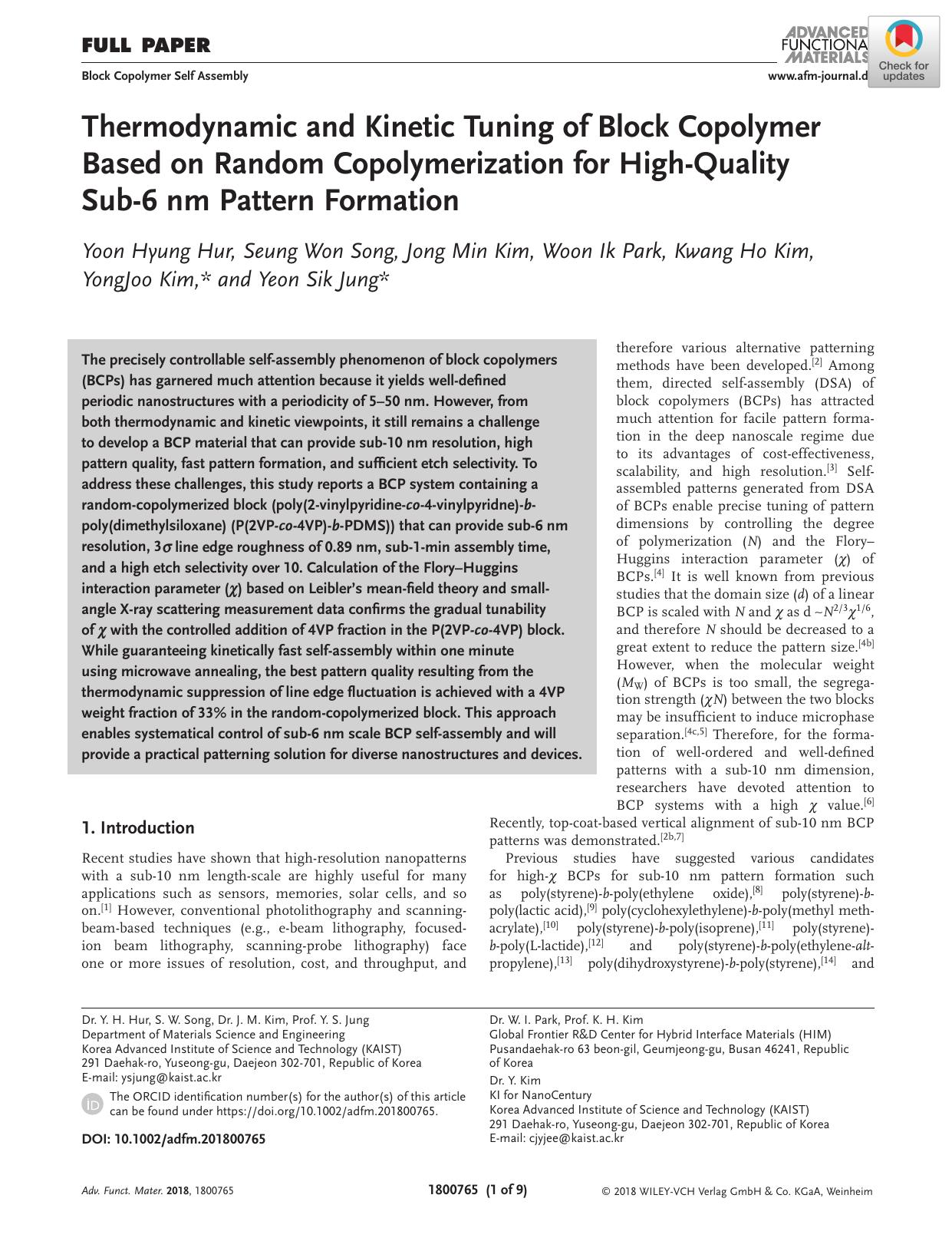 Thermodynamic and Kinetic Tuning of Block Copolymer Based on Random Copolymerization for HighâQuality Subâ6 nm Pattern Formation by Unknown