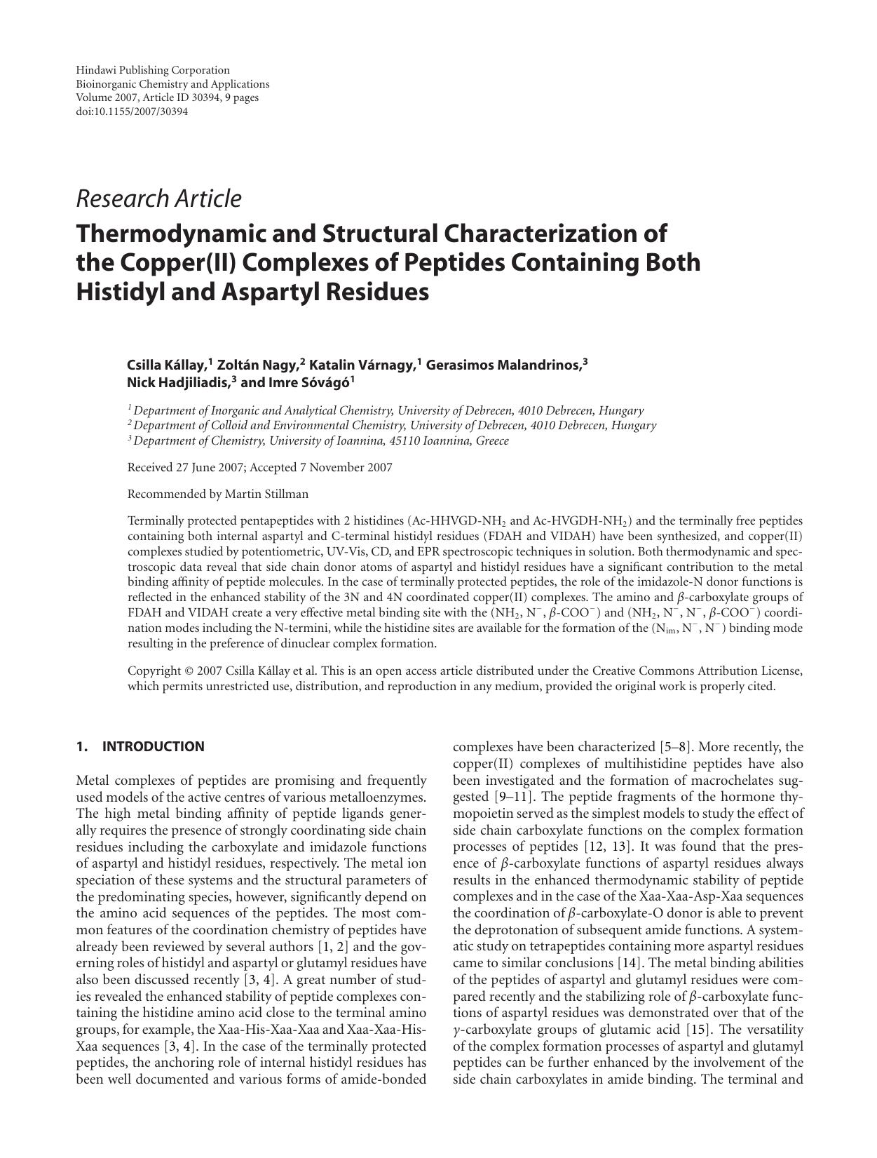 Thermodynamic and Structural Characterization of the Copper(II) Complexes of Peptides Containing Both Histidyl and Aspartyl Residues by Csilla Kallay et al