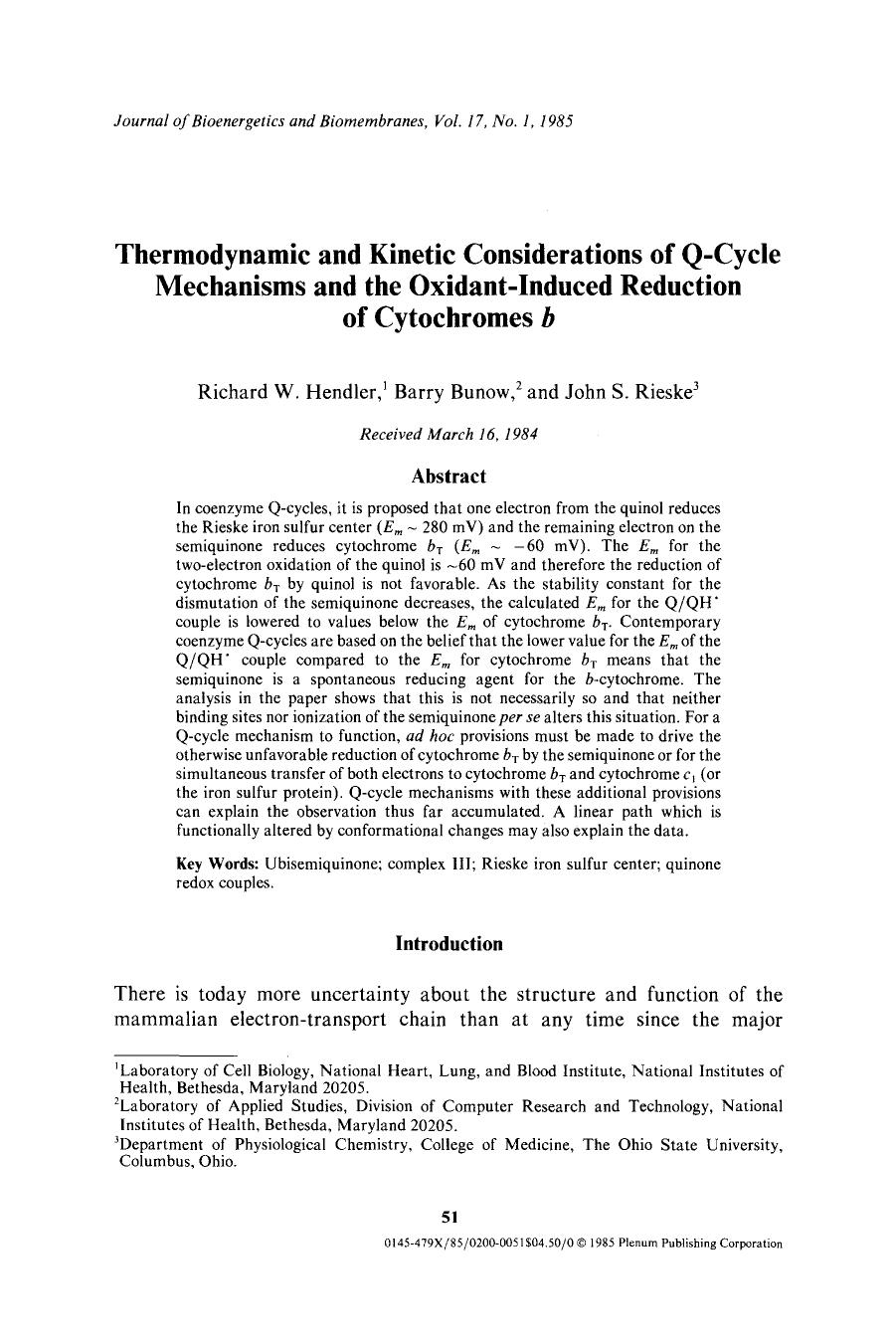 Thermodynamic and kinetic considerations of Q-cycle mechanisms and the oxidant-induced reduction of cytochromes <Emphasis Type="Italic">b <Emphasis> by Unknown