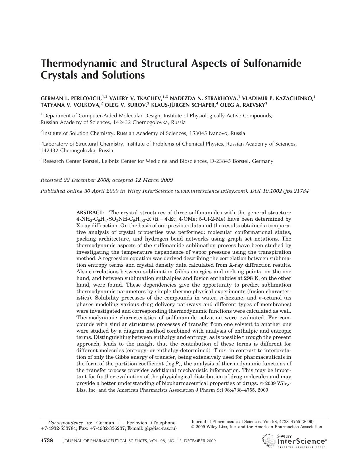 Thermodynamic and structural aspects of sulfonamide crystals and solutions by Unknown