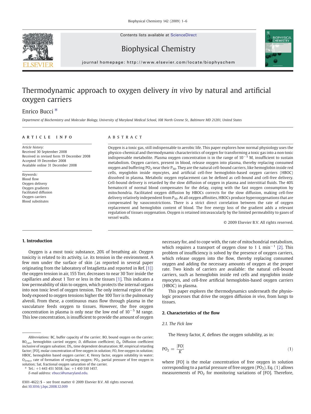 Thermodynamic approach to oxygen delivery in vivo by natural and artificial oxygen carriers by Enrico Bucci