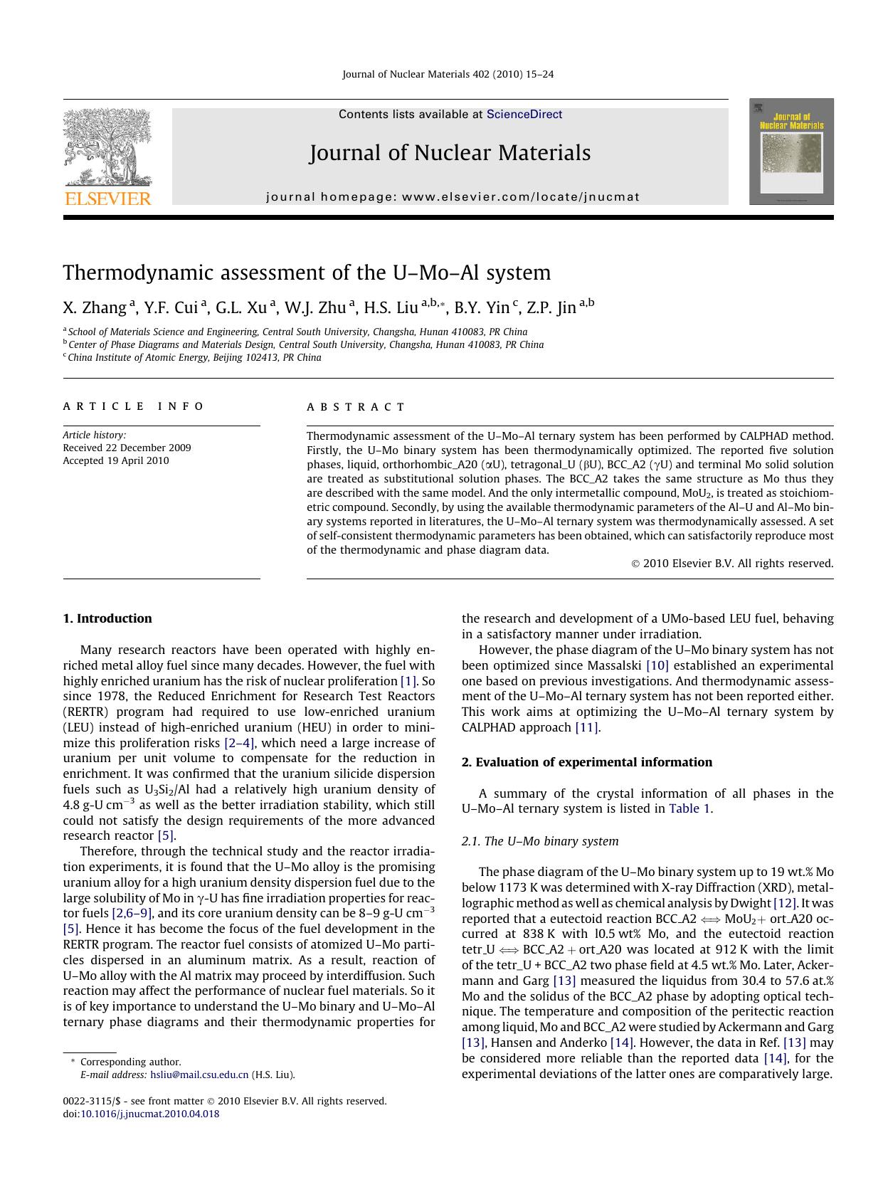 Thermodynamic assessment of the UâMoâAl system by X. Zhang; Y.F. Cui; G.L. Xu; W.J. Zhu; H.S. Liu; B.Y. Yin; Z.P. Jin