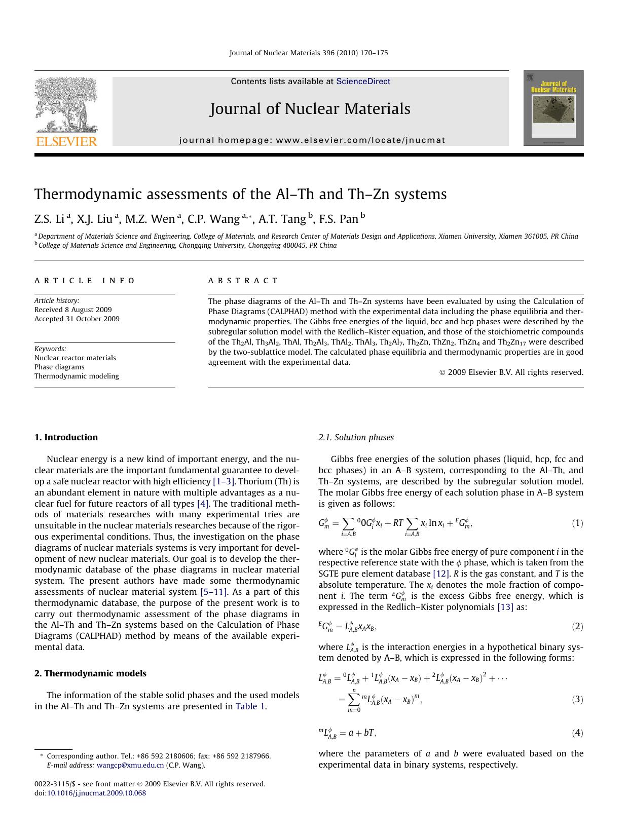 Thermodynamic assessments of the AlâTh and ThâZn systems by Z.S. Li; X.J. Liu; M.Z. Wen; C.P. Wang; A.T. Tang; F.S. Pan
