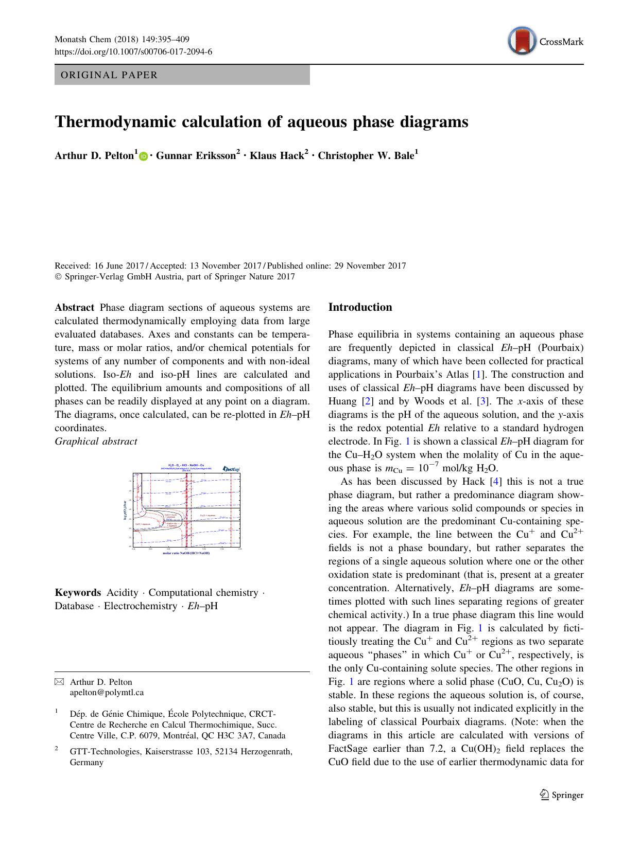 Thermodynamic calculation of aqueous phase diagrams by Arthur D. Pelton & Gunnar Eriksson & Klaus Hack & Christopher W. Bale