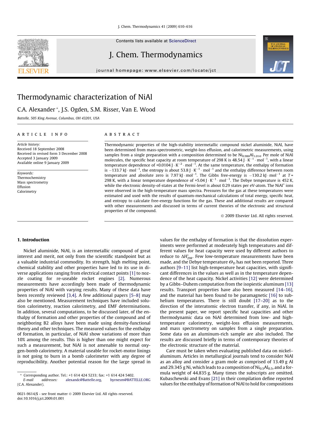 Thermodynamic characterization of NiAl by C.A. Alexander; J.S. Ogden; S.M. Risser; Van E. Wood