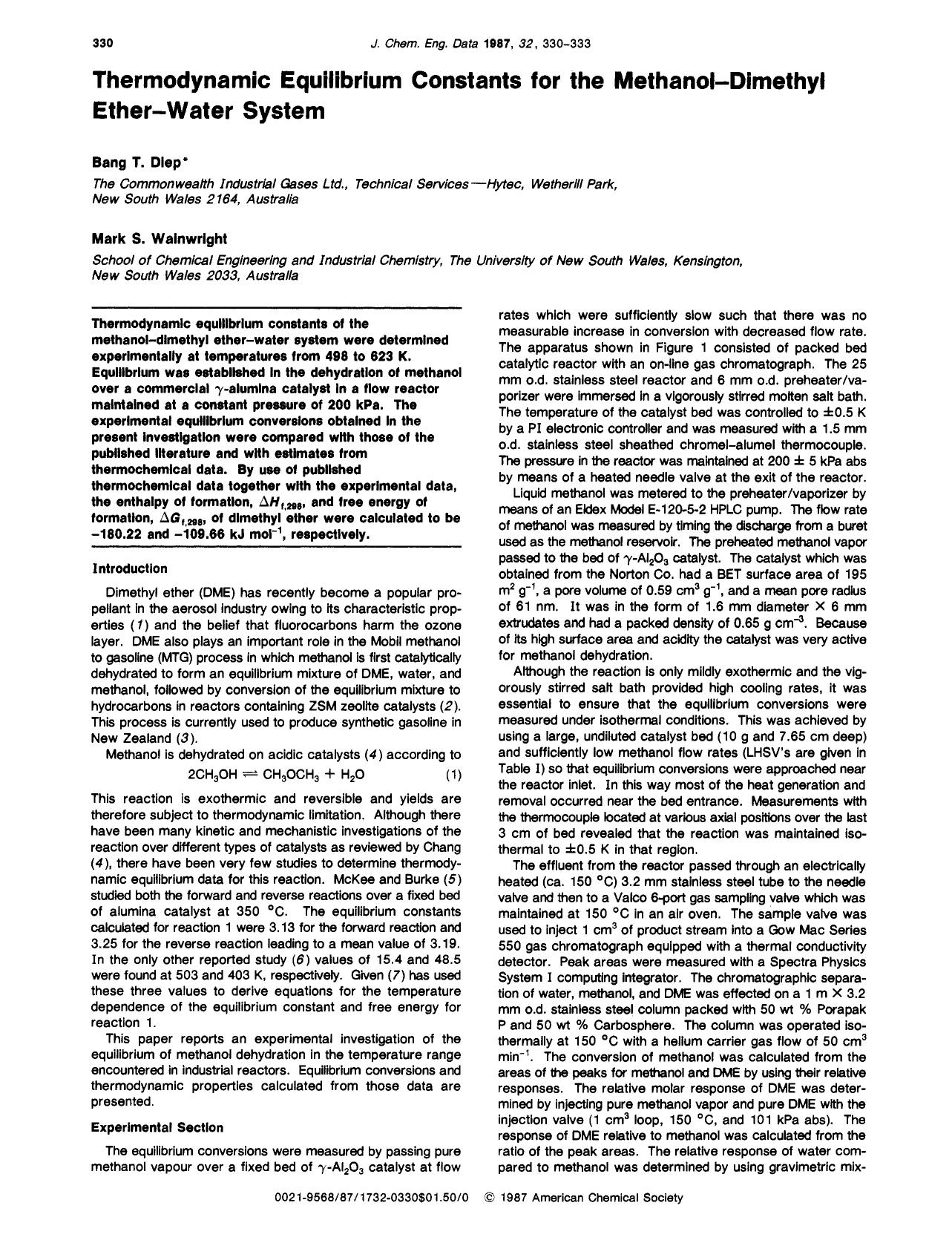 Thermodynamic equilibrium constants for the methanol-dimethyl ether-water system by Bang T. Diep Mark S. Wainwright