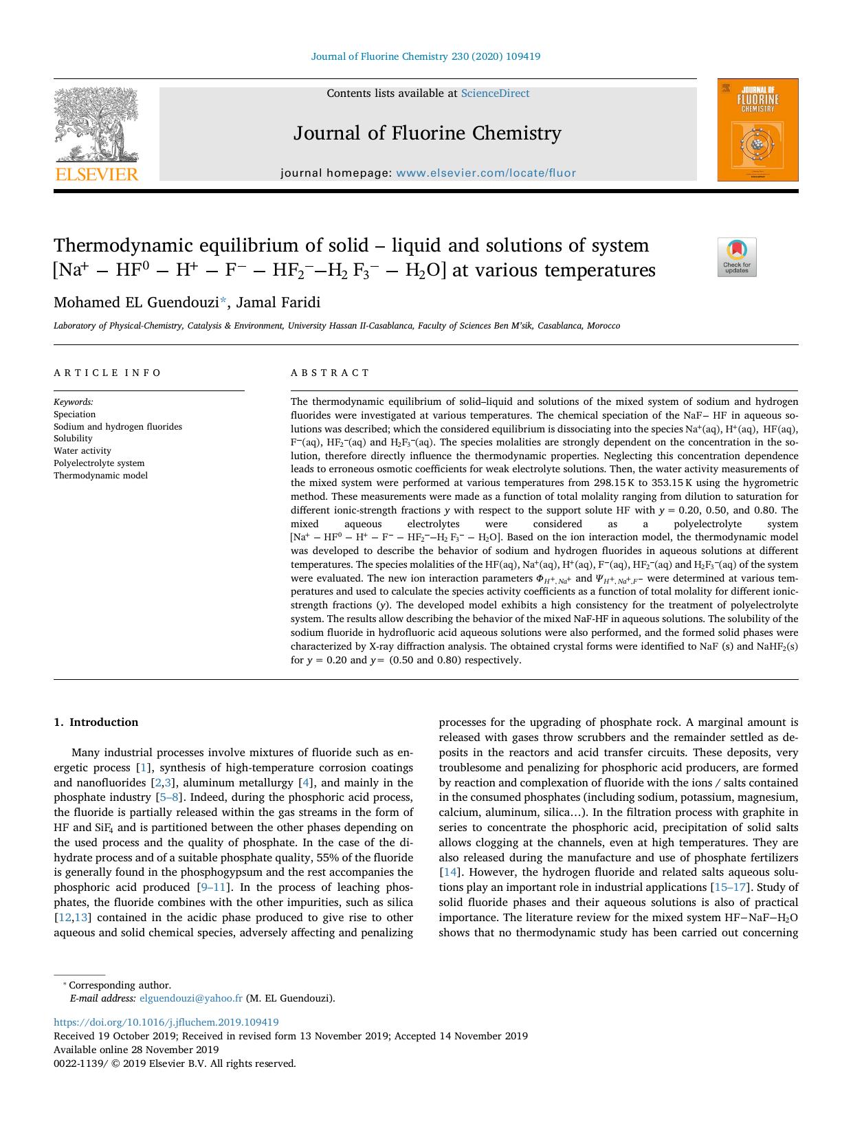 Thermodynamic equilibrium of solid â liquid and solutions of system [Na+-HF0-H+-F--HF2--H2F3--H2O] at various temperatures by Mohamed EL Guendouzi & Jamal Faridi