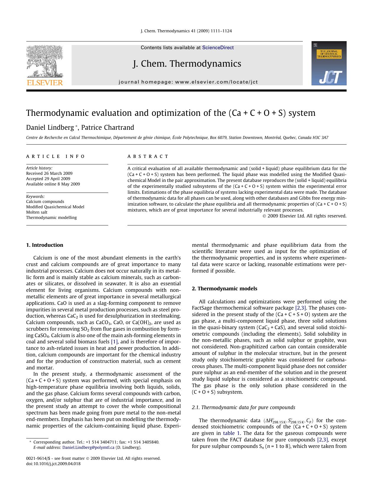 Thermodynamic evaluation and optimization of the (Ca+C+O+S) system by Daniel Lindberg; Patrice Chartrand