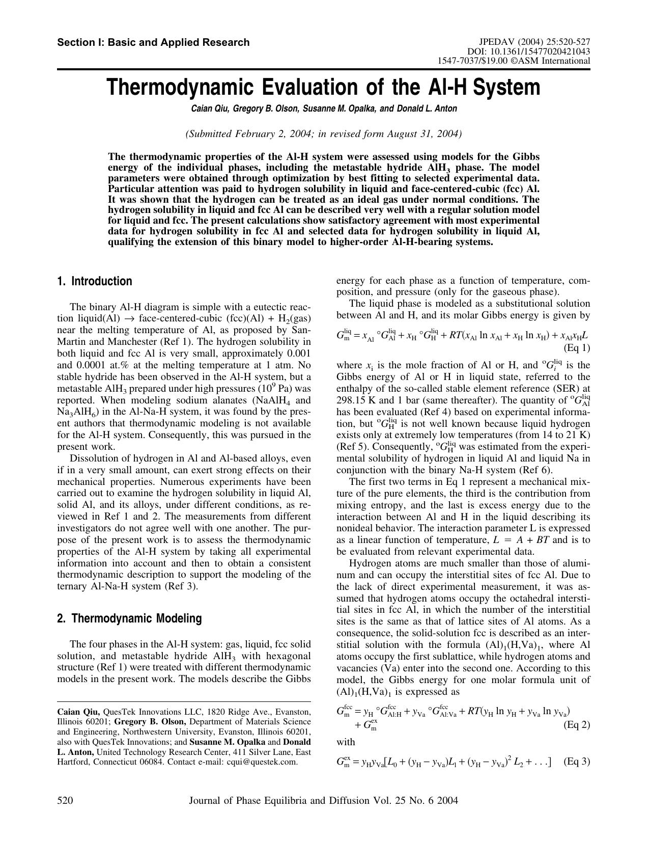 Thermodynamic evaluation of the Al-H system by Unknown