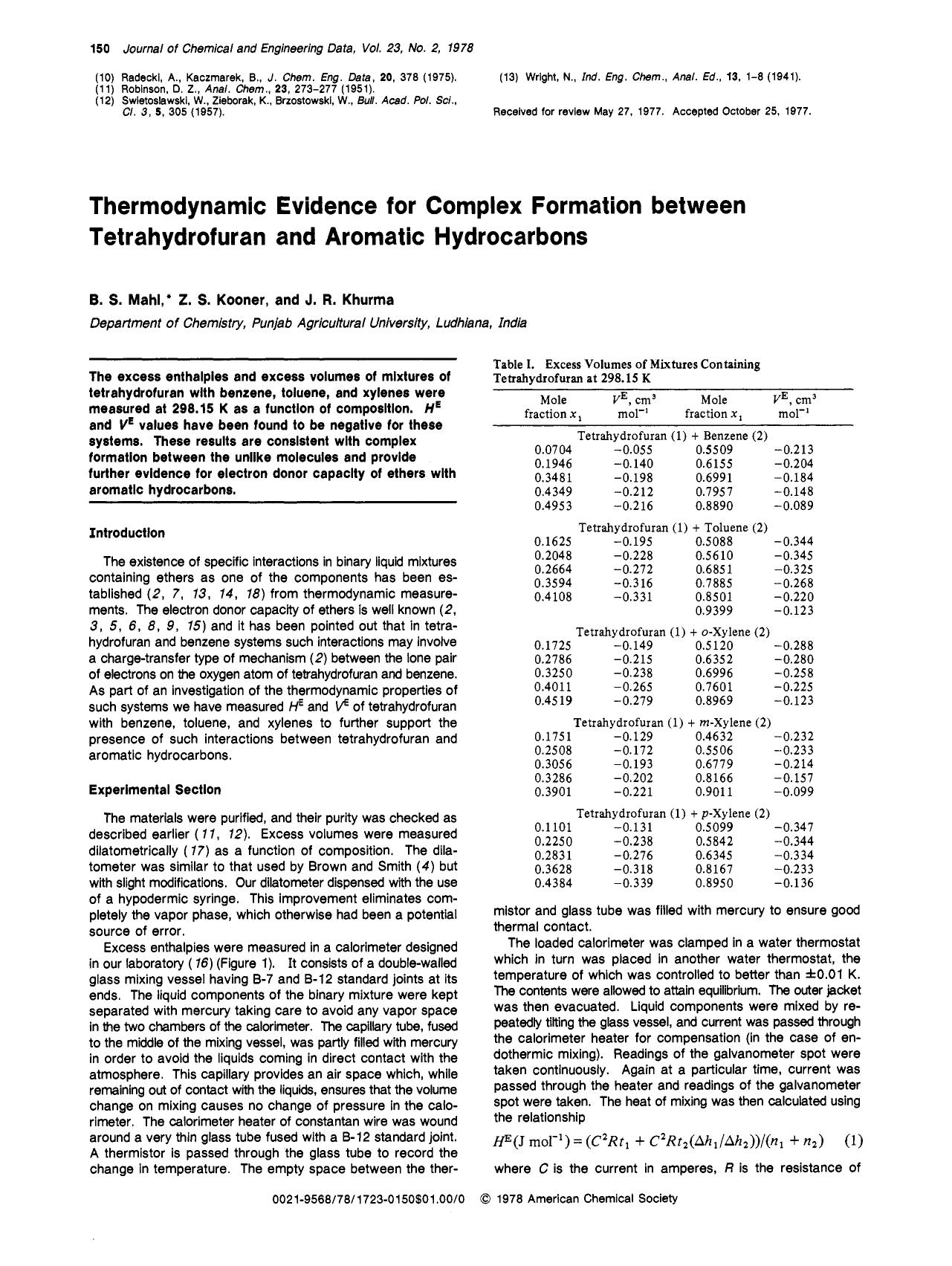 Thermodynamic evidence for complex formation between tetrahydrofuran and aromatic hydrocarbons by B. S. Mahl Z. S. Kooner J. R. Khurma