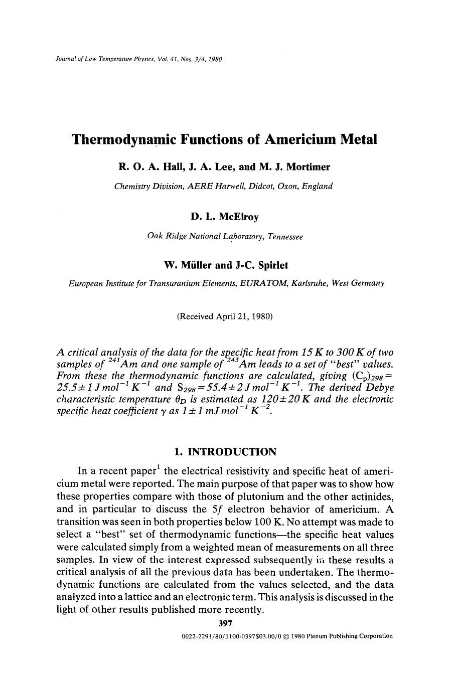 Thermodynamic functions of Americium metal by Unknown