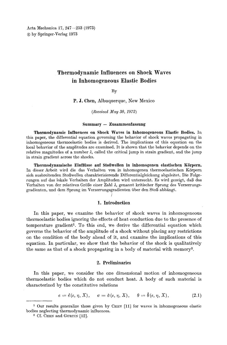 Thermodynamic influences on shock waves in inhomogeneous elastic bodies by Unknown