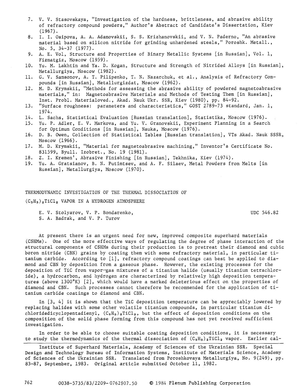 Thermodynamic investigation of the thermal dissociation of (C <Subscript>5 <Subscript>H <Subscript>5 <Subscript>) <Subscript>2 <Subscript>TiCl <Subscript>2 <Subscript> vapor in a hydrogen atmosphere by Unknown
