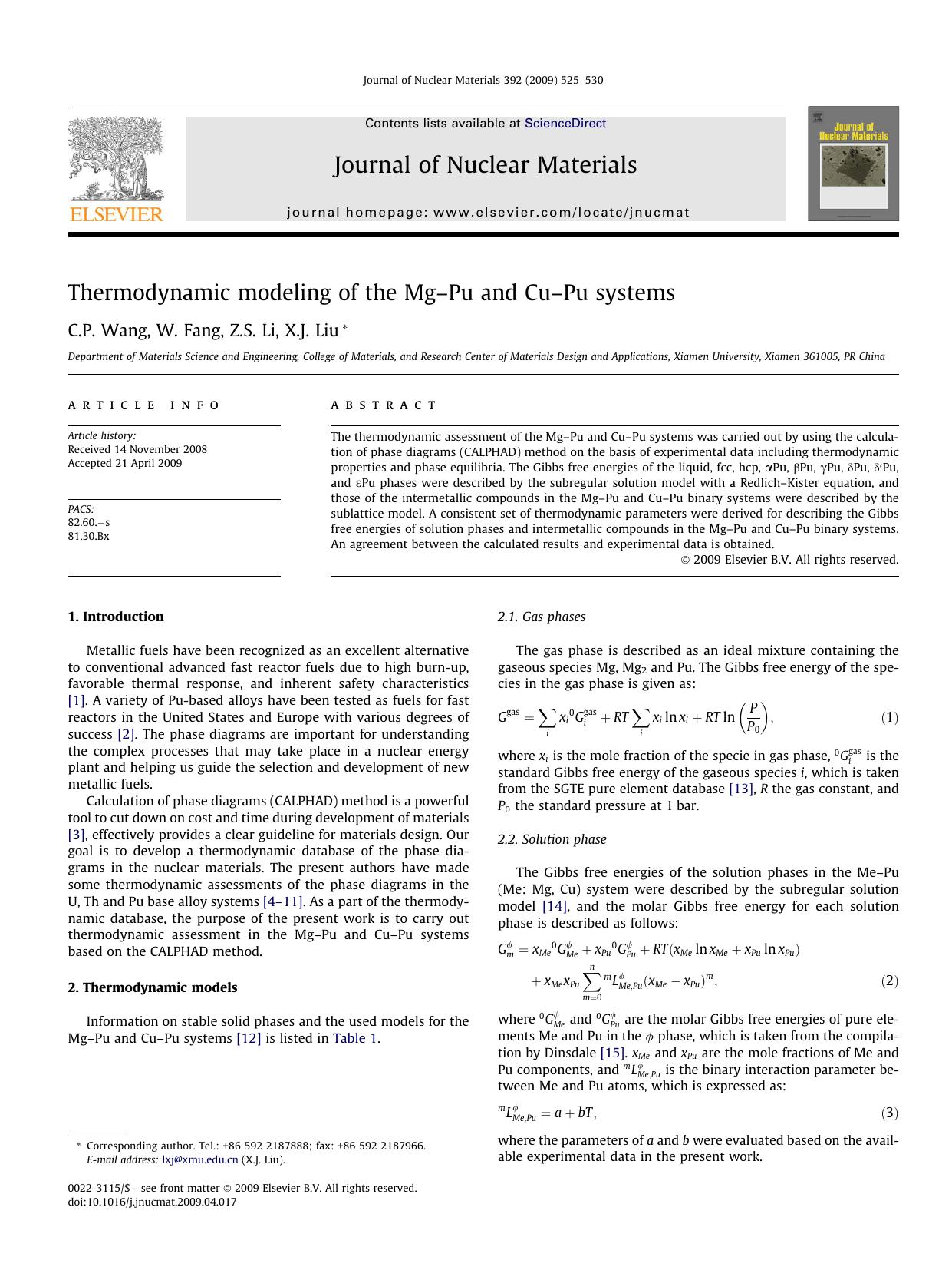 Thermodynamic modeling of the MgâPu and CuâPu systems by C.P. Wang; W. Fang; Z.S. Li; X.J. Liu