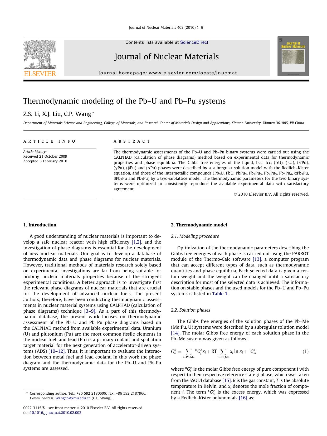Thermodynamic modeling of the PbÃ¢â¬âU and PbÃ¢â¬âPu systems by Z.S. Li & X.J. Liu & C.P. Wang