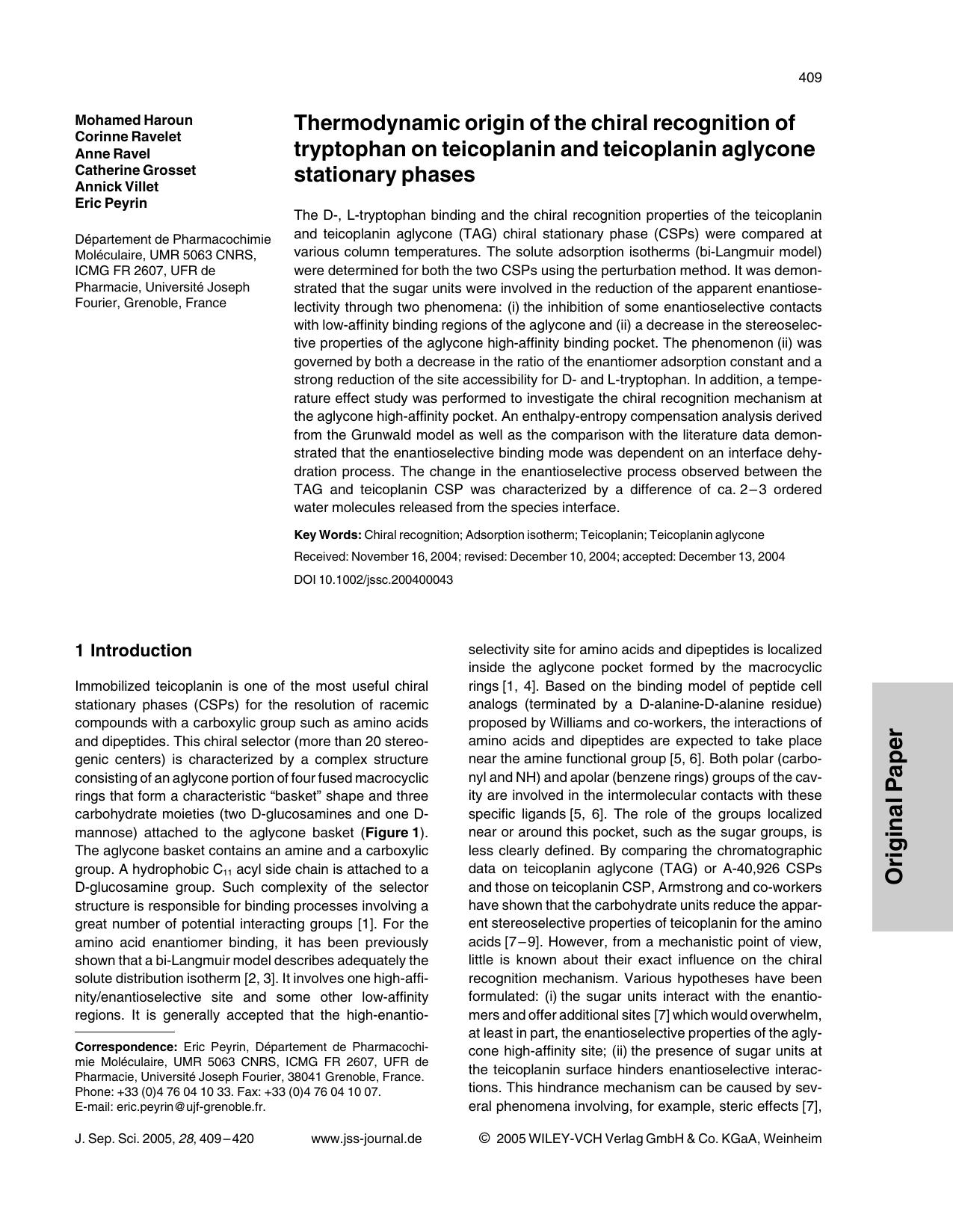 Thermodynamic origin of the chiral recognition of tryptophan on teicoplanin and teicoplanin aglycone stationary phases by Unknown