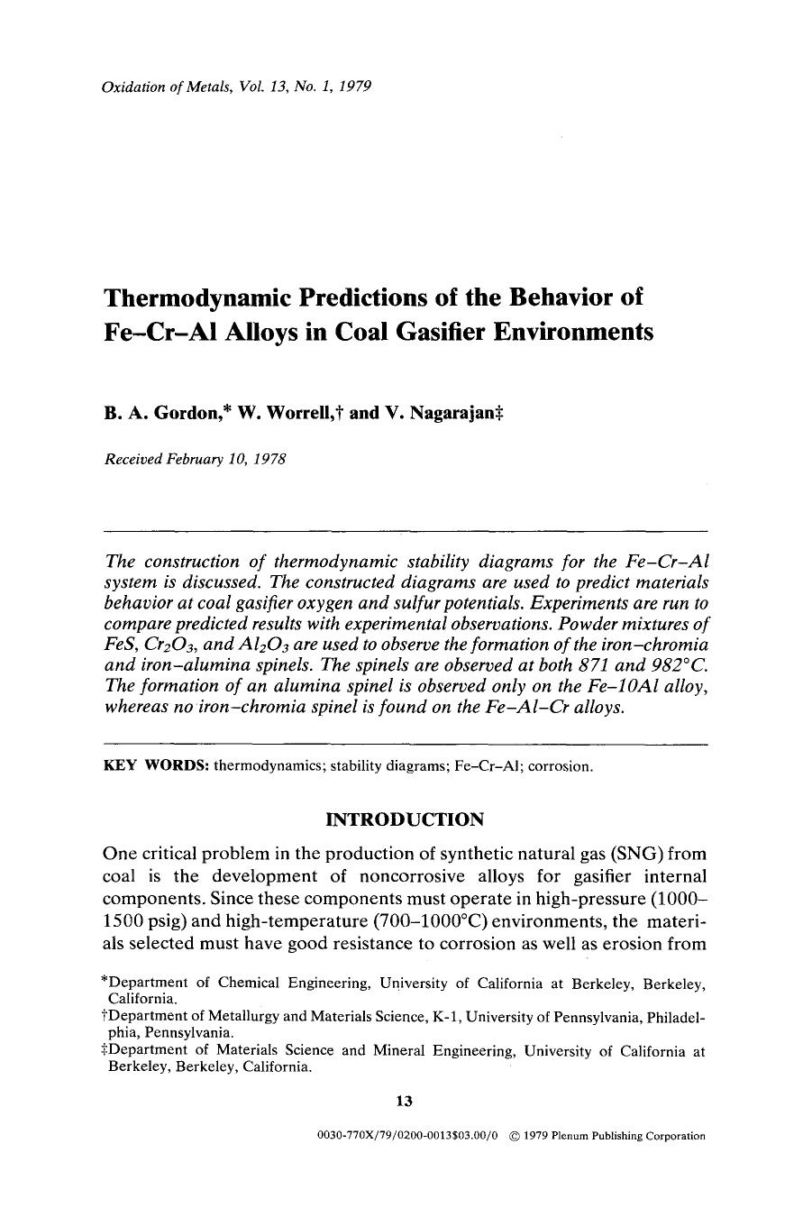 Thermodynamic predictions of the behavior of Fe-Cr-Al alloys in coal gasifier environments by Unknown