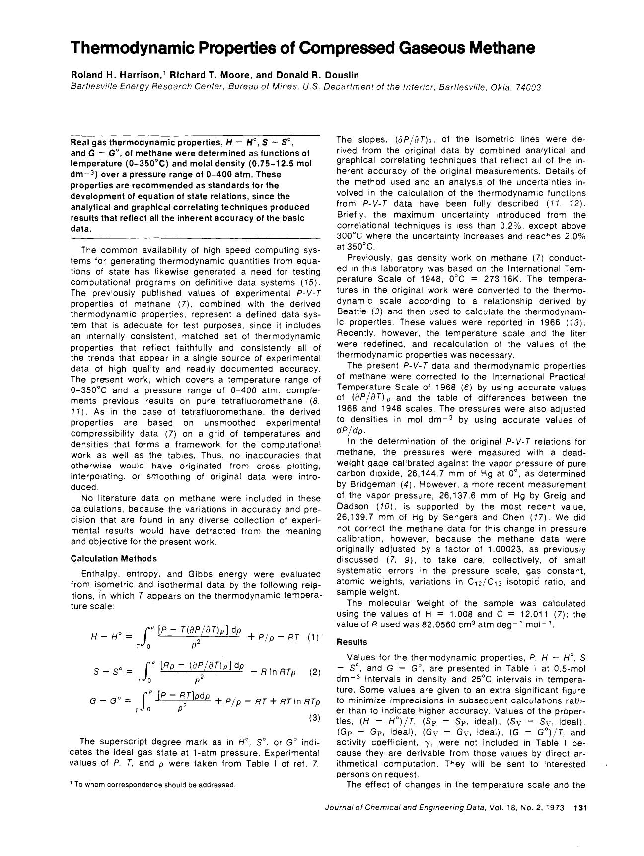 Thermodynamic properties of compressed gaseous methane by Roland H. Harrison Richard T. Moore Donald R. Douslin