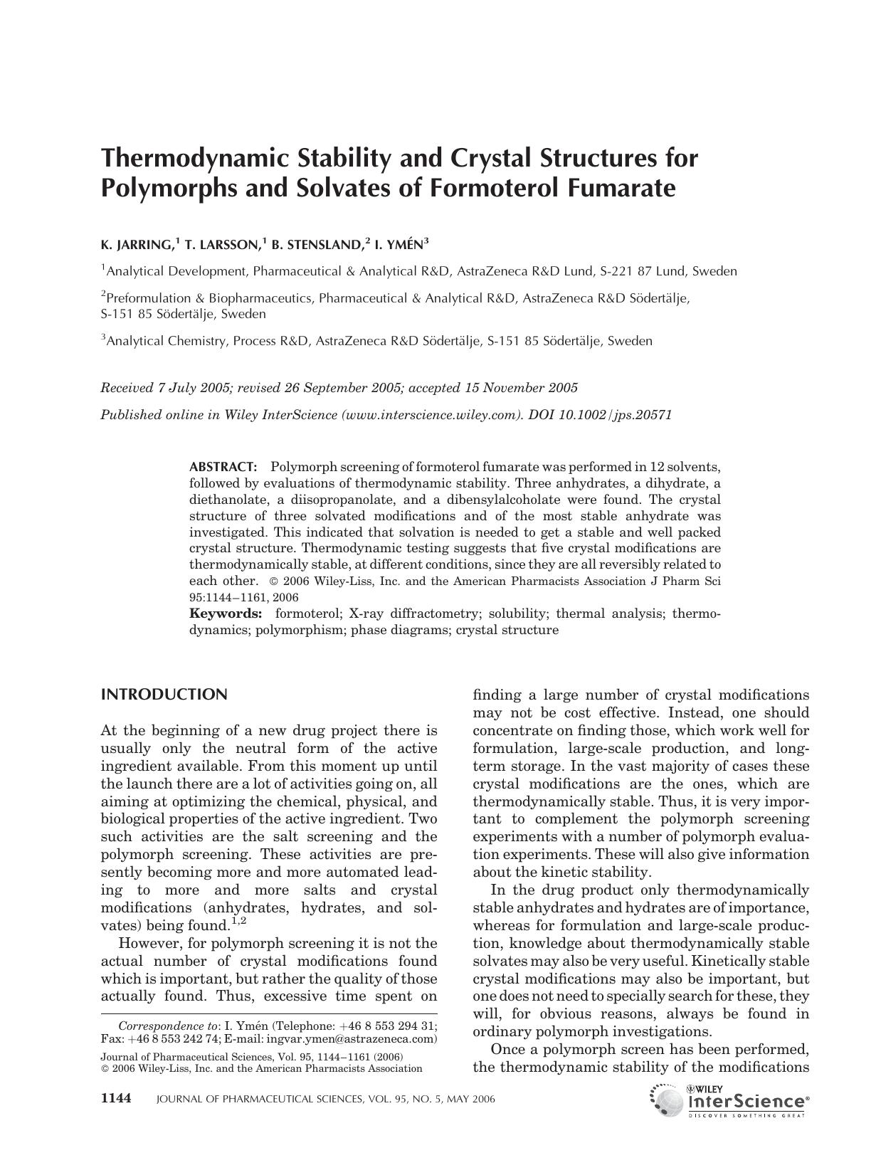 Thermodynamic stability and crystal structures for polymorphs and solvates of formoterol fumarate by Unknown