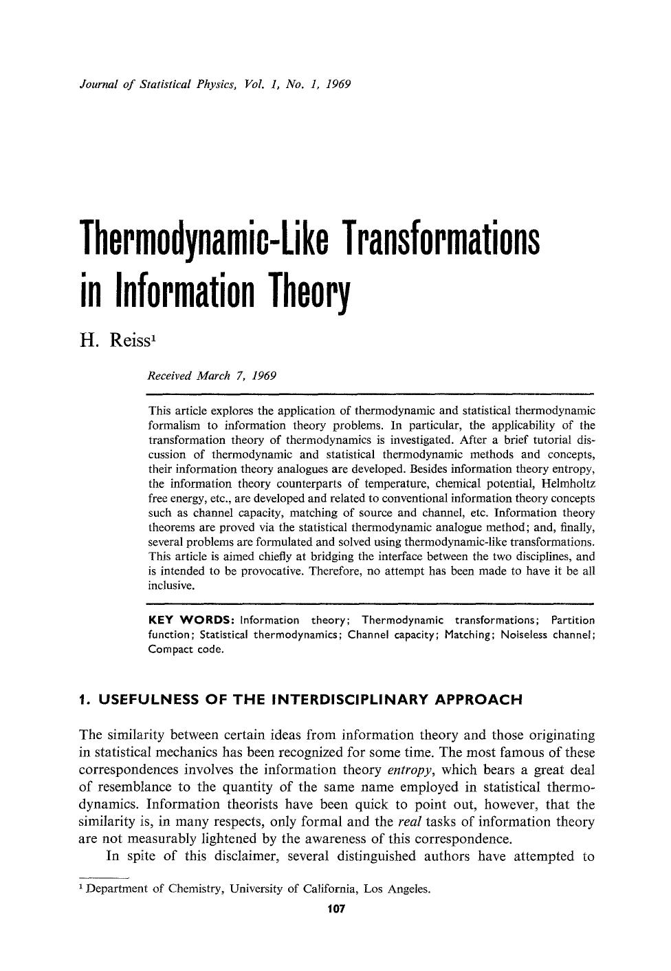 Thermodynamic-like transformations in information theory by Unknown