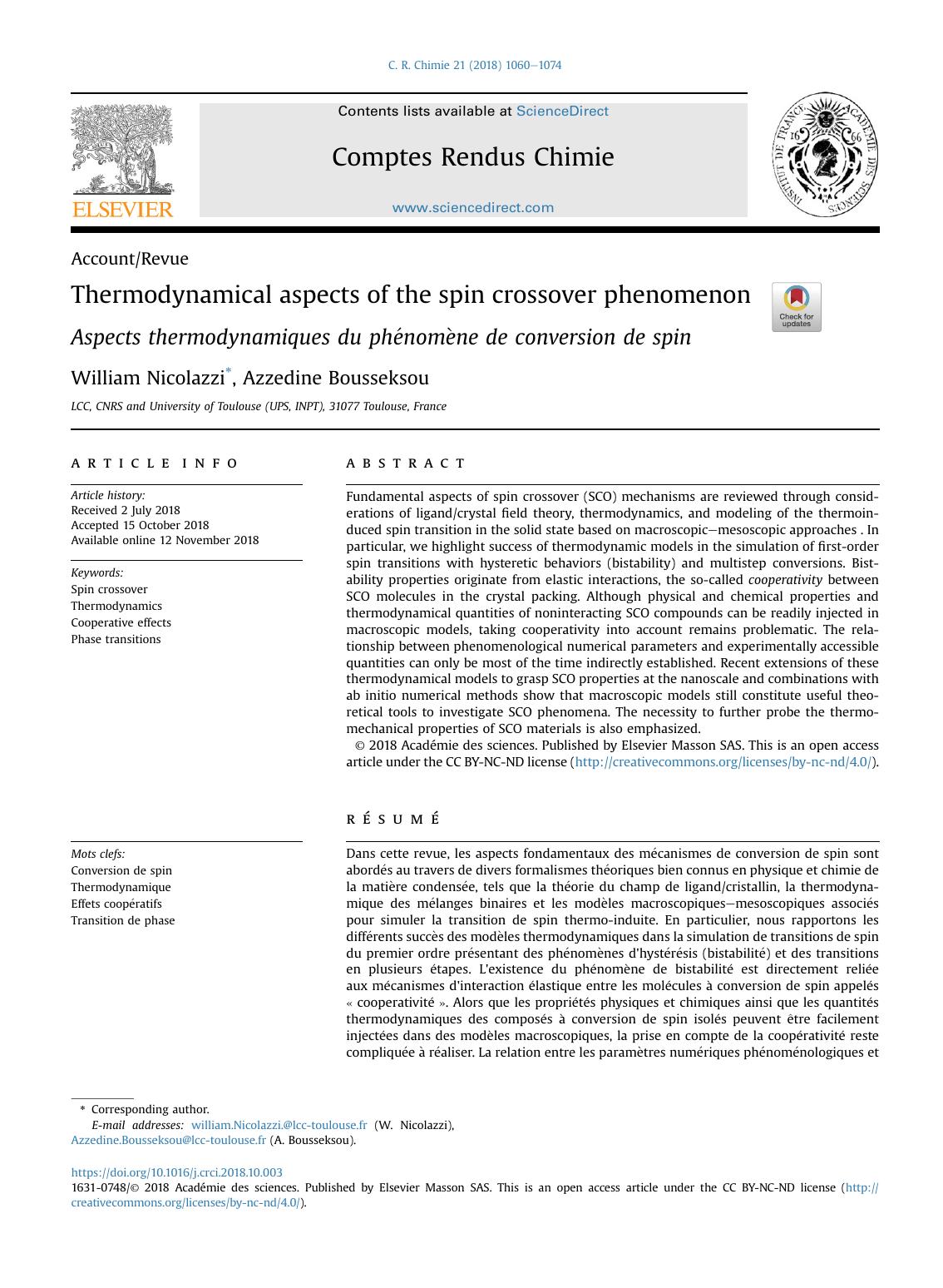 Thermodynamical aspects of the spin crossover phenomenon by William Nicolazzi & Azzedine Bousseksou