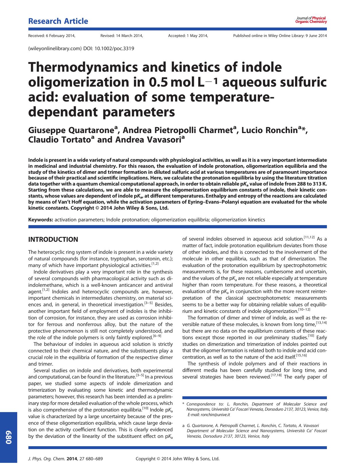 Thermodynamics and kinetics of indole oligomerization in 0.5âmolâL1 aqueous sulfuric acid: evaluation of some temperature-dependant parameters by unknow
