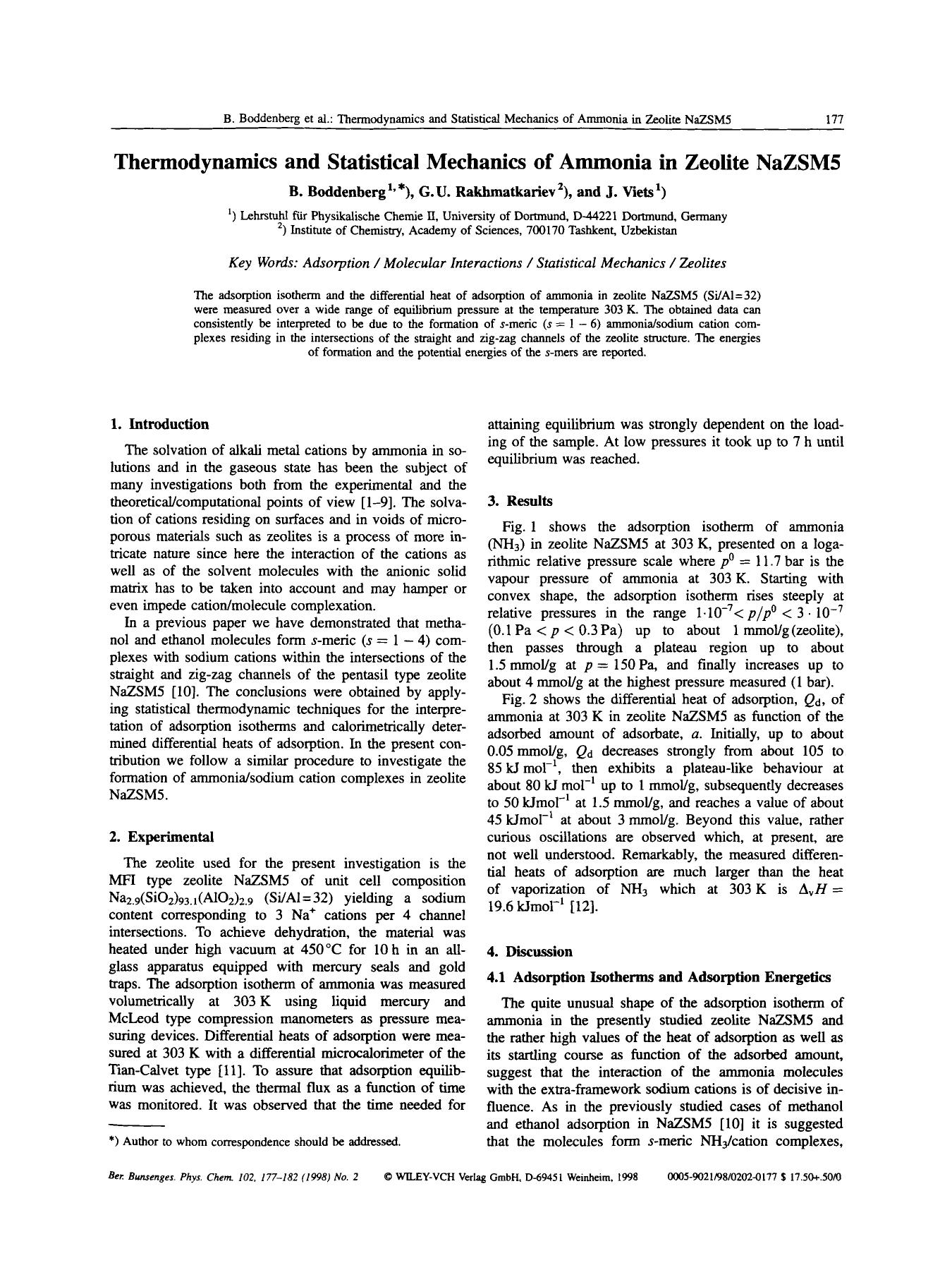 Thermodynamics and statistical mechanics of ammonia in zeolite NaZSM5 by Unknown