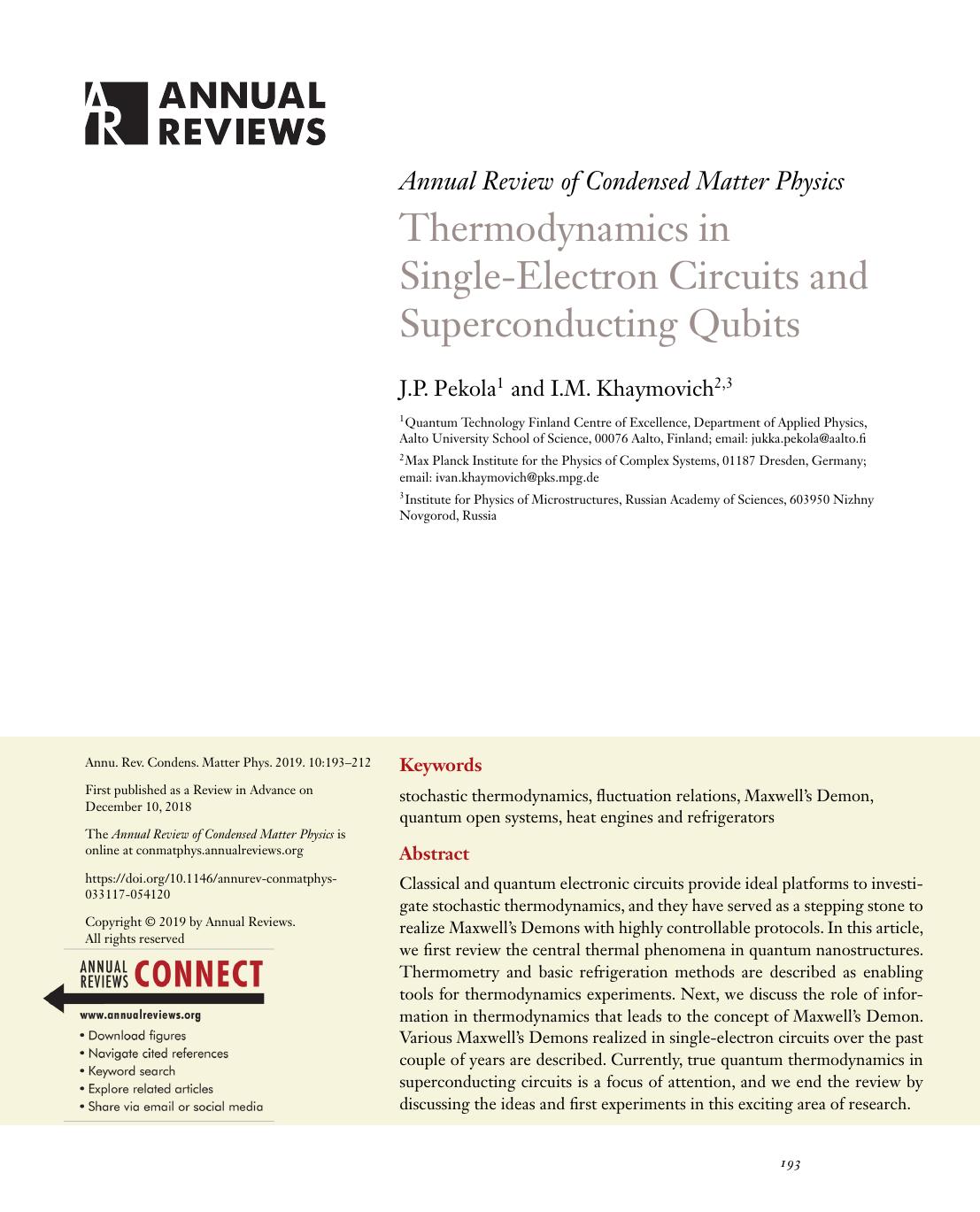 Thermodynamics in Single-Electron Circuits and Superconducting Qubits by J.P. Pekola and I.M. Khaymovich