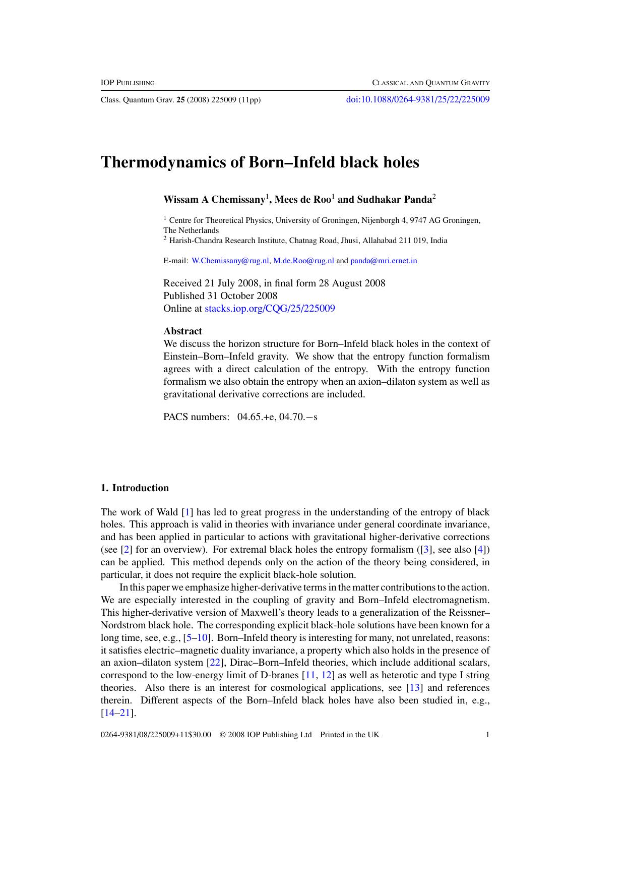 Thermodynamics of Born--Infeld black holes by W A Chemissany et al