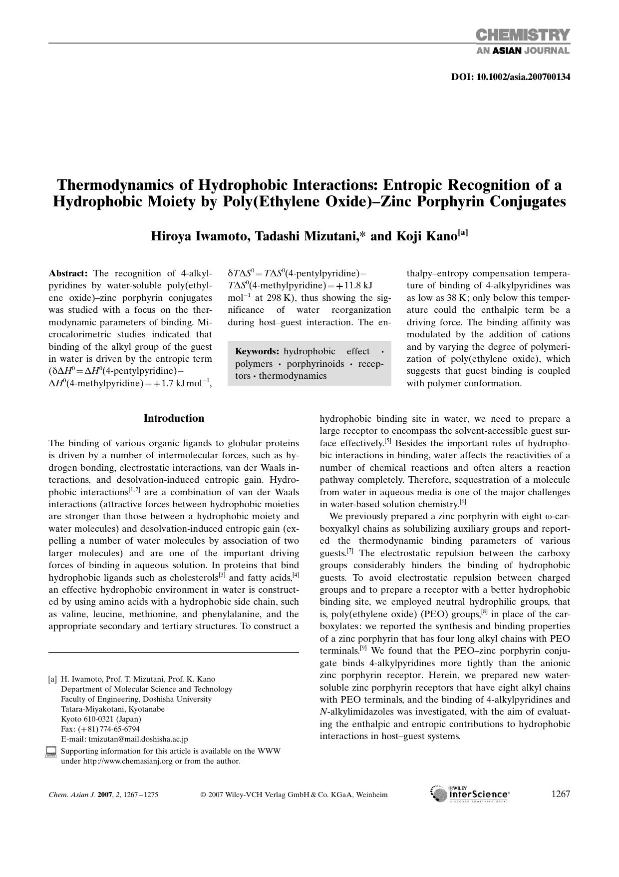 Thermodynamics of Hydrophobic Interactions: Entropic Recognition of a Hydrophobic Moiety by Poly(Ethylene Oxide)-Zinc Porphyrin Conjugates by Unknown