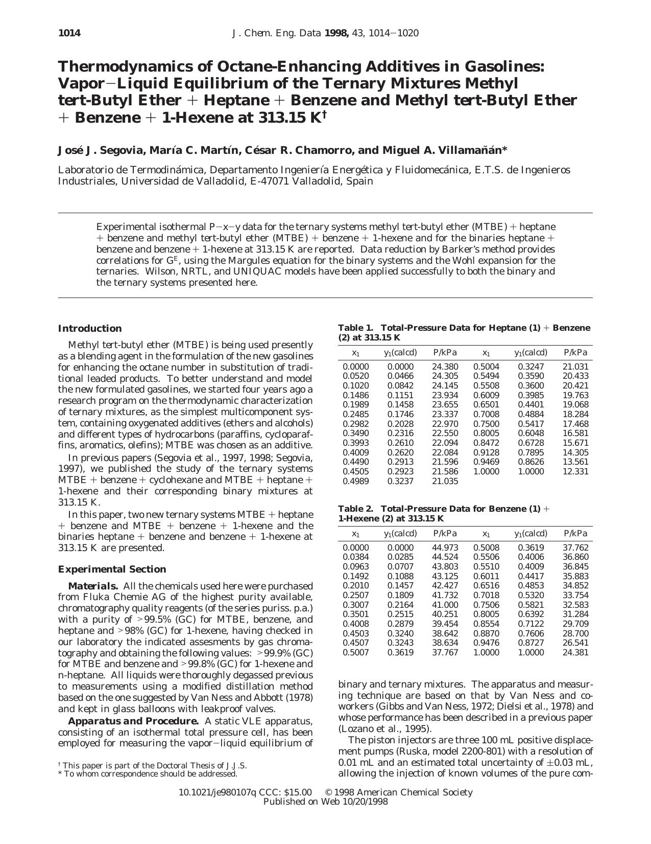 Thermodynamics of Octane-Enhancing Additives in Gasolines: VaporLiquid Equilibrium of the Ternary Mixtures Methyl tert-Butyl Ether + Heptane + Benzene and Methyl tert-Butyl Ether + by Jose J. Segovia Maria C. Martin Cesar R. Chamorro and Miguel A. Villamanan*