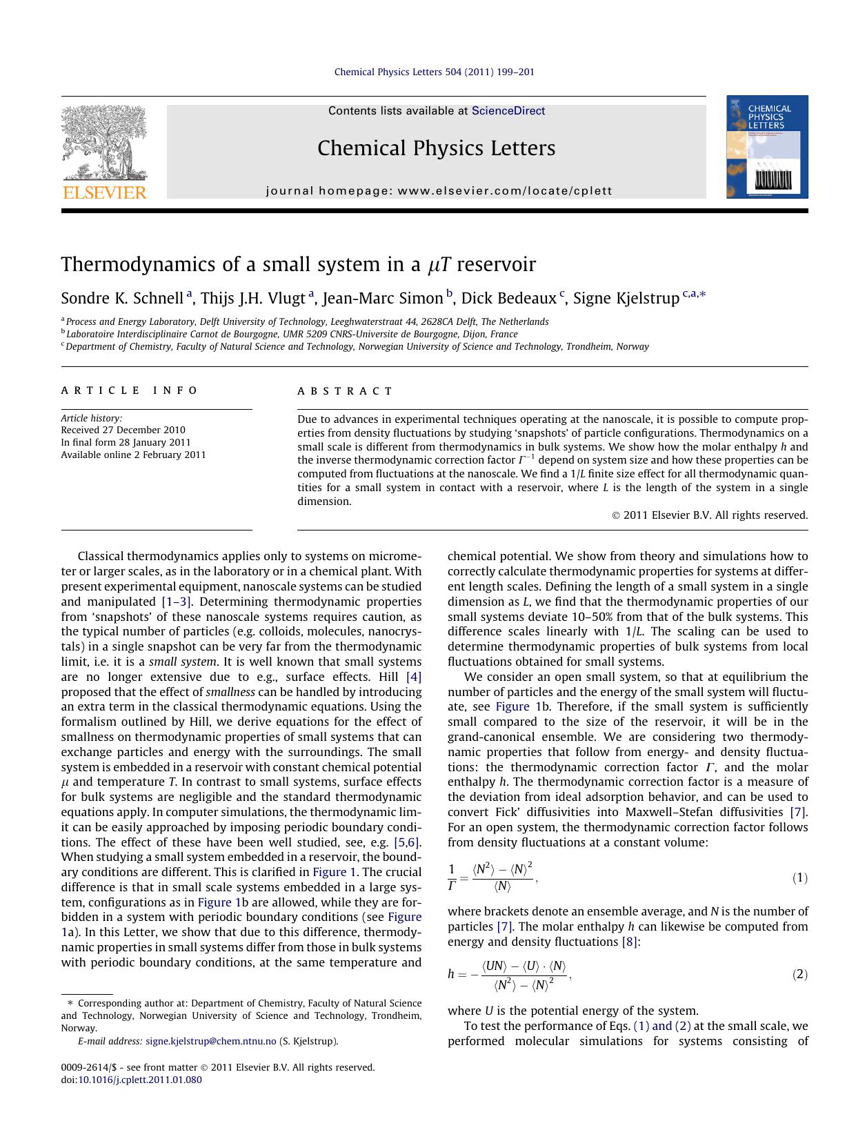 Thermodynamics of a small system in a ÃÂ¼T reservoir by Sondre K. Schnell & Thijs J.H. Vlugt & Jean-Marc Simon & Dick Bedeaux & Signe Kjelstrup