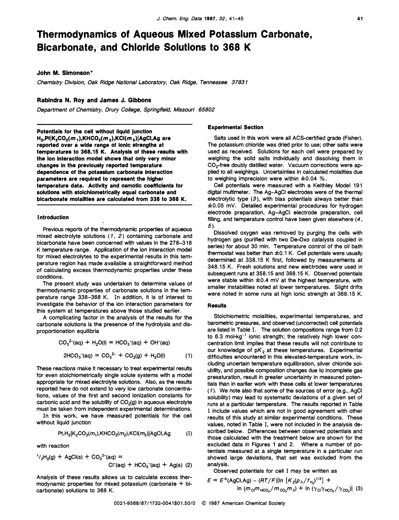 Thermodynamics of aqueous mixed potassium carbonate, bicarbonate, and chloride solutions to 368 K by John M. Simonson Rabindra N. Roy James J. Gibbons