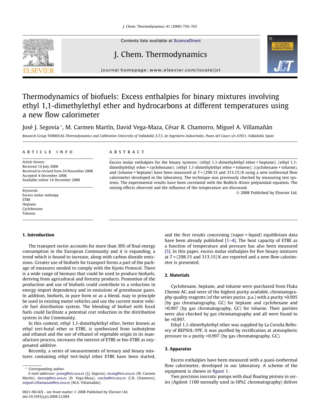 Thermodynamics of biofuels: Excess enthalpies for binary mixtures involving ethyl 1,1-dimethylethyl ether and hydrocarbons at different temperatures using a new flow calorimeter by José J. Segovia; M. Carmen Martín; David Vega-Maza; César R. Chamorro; Miguel A. Villamañán