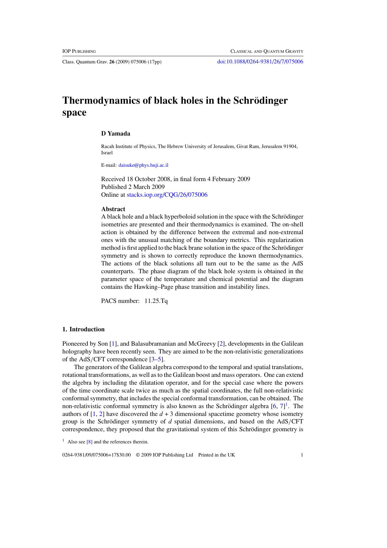 Thermodynamics of black holes in the SchrËdinger space by D Yamada