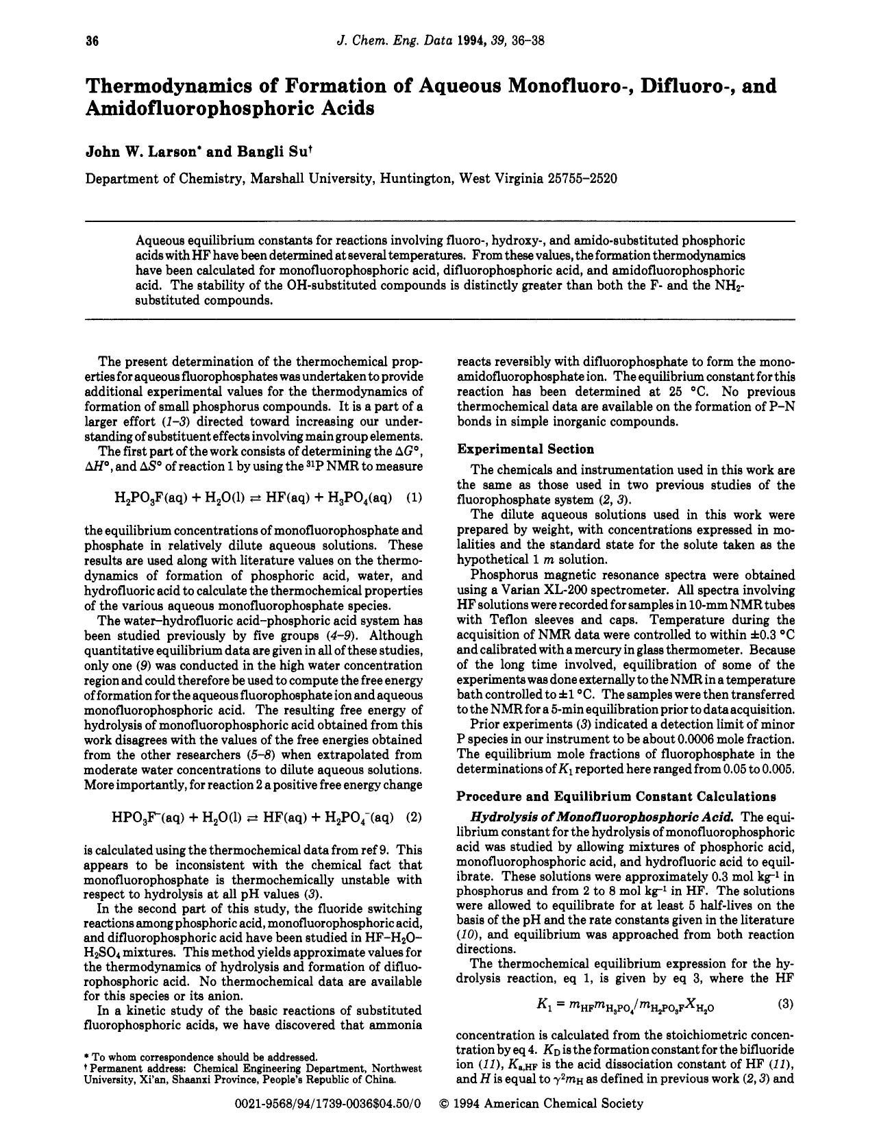 Thermodynamics of formation of aqueous monofluoro-, difluoro-, and amidofluorophosphoric acids by John W. Larson Bangli Su