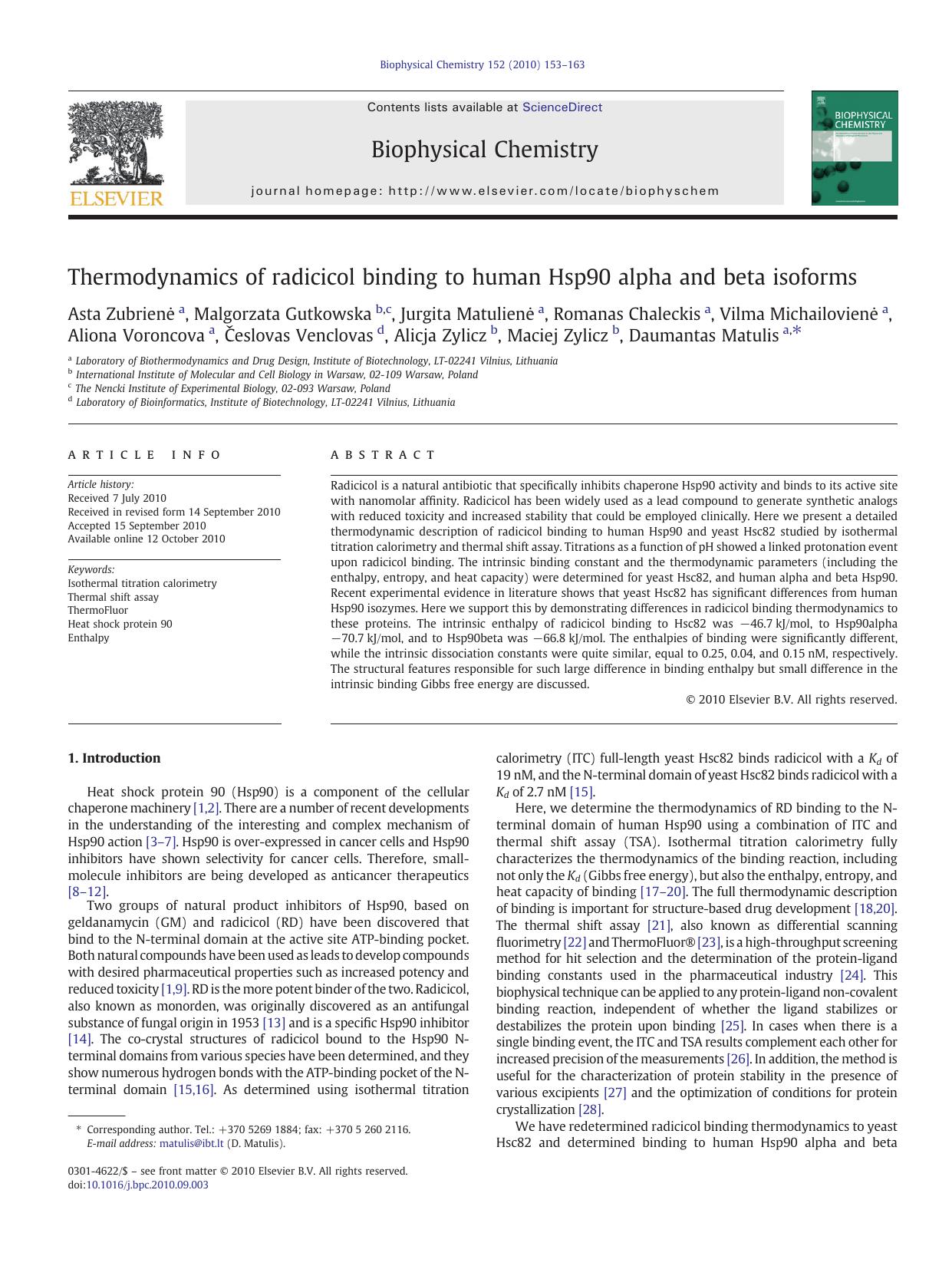 Thermodynamics of radicicol binding to human Hsp90 alpha and beta isoforms by unknow
