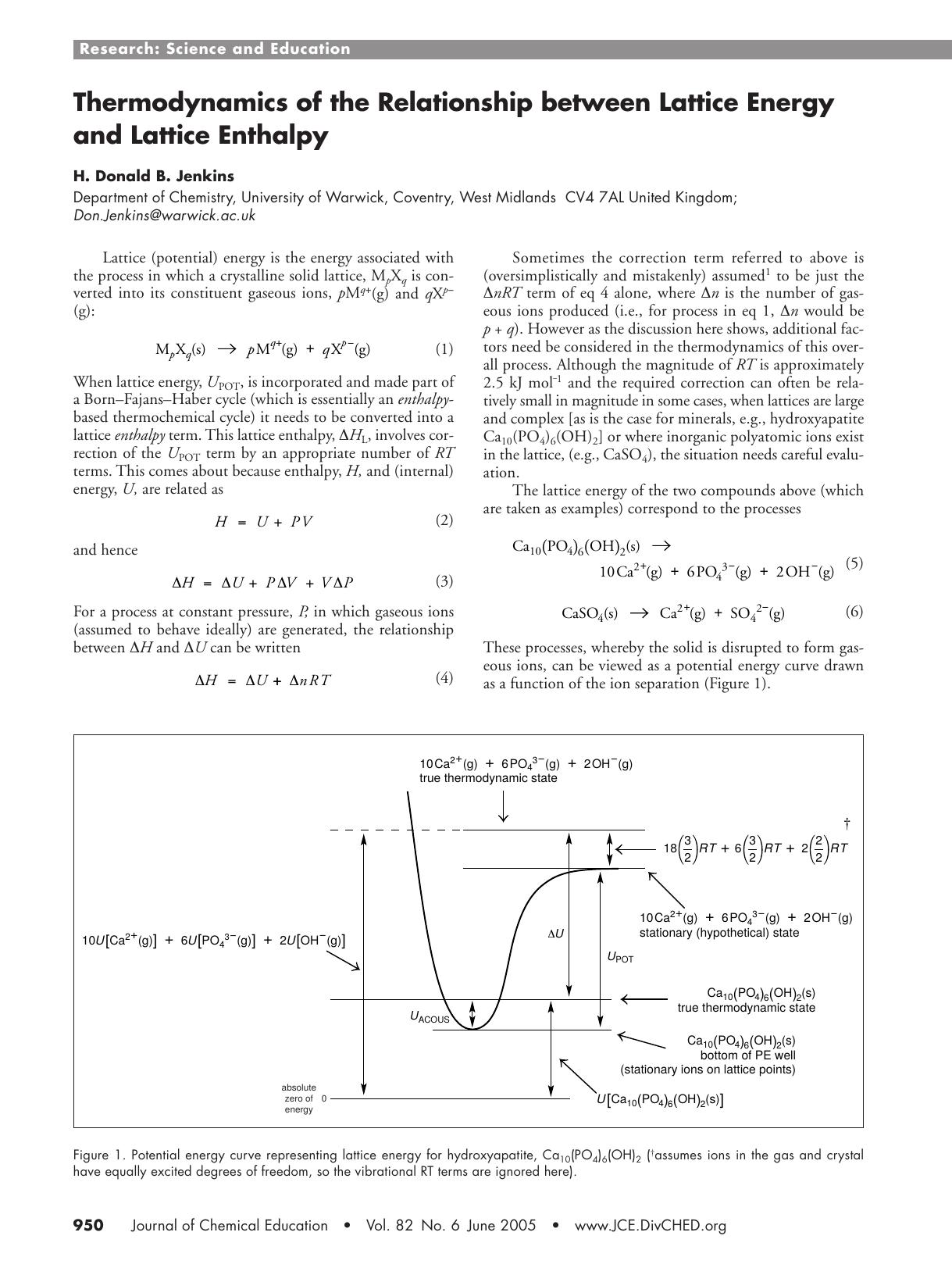 Thermodynamics of the Relationship Between Lattice Energy and Lattice Enthalpy by H. Donald Brooke Jenkins