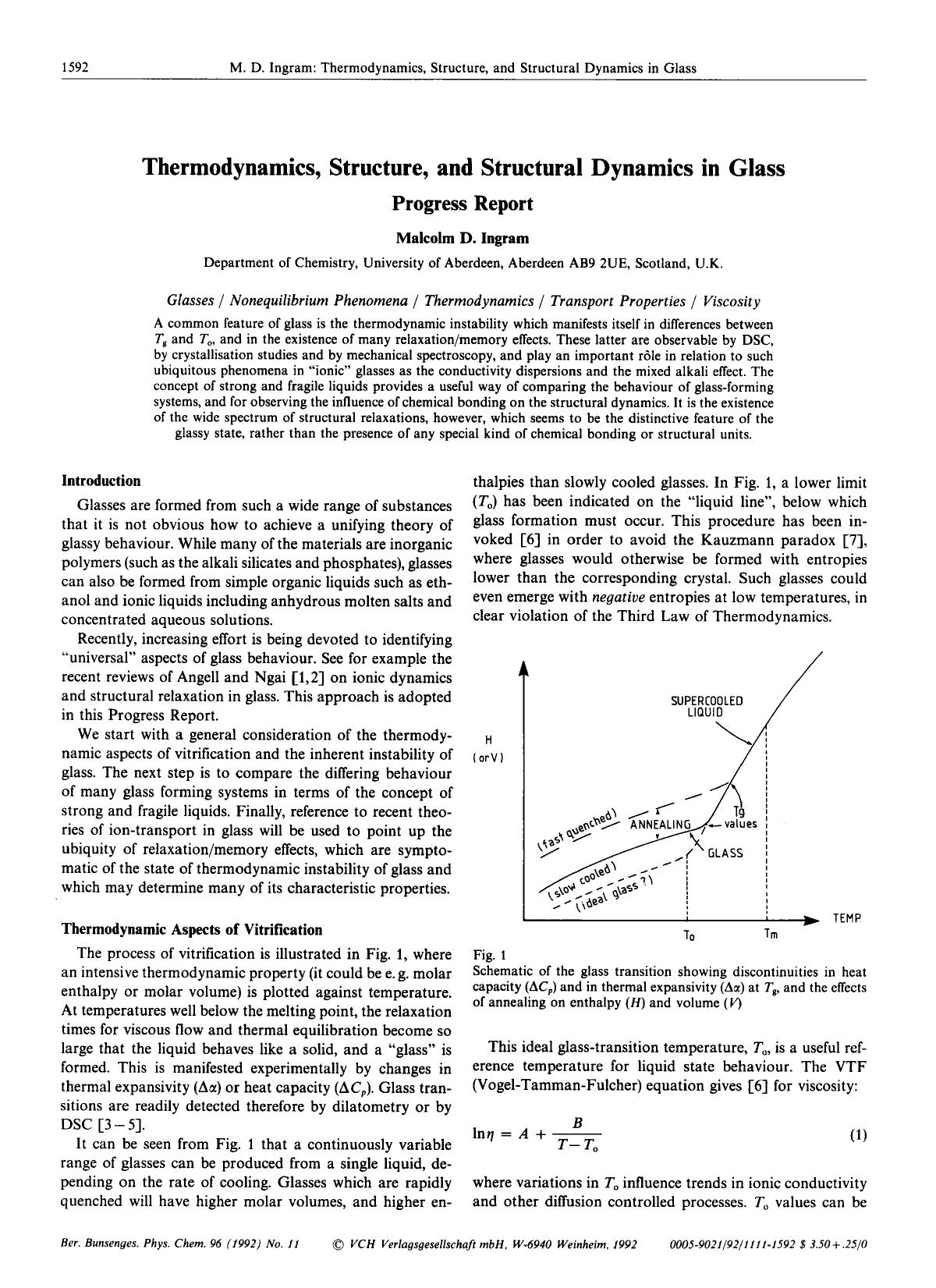 Thermodynamics, Structure, and Structural Dynamics in Glass Progress Report by Unknown