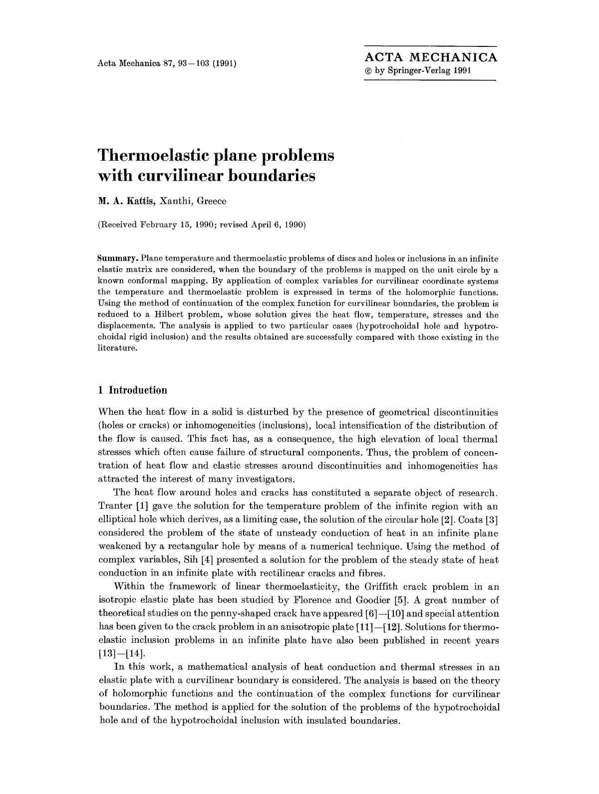 Thermoelastic plane problems with curvilinear boundaries by Unknown