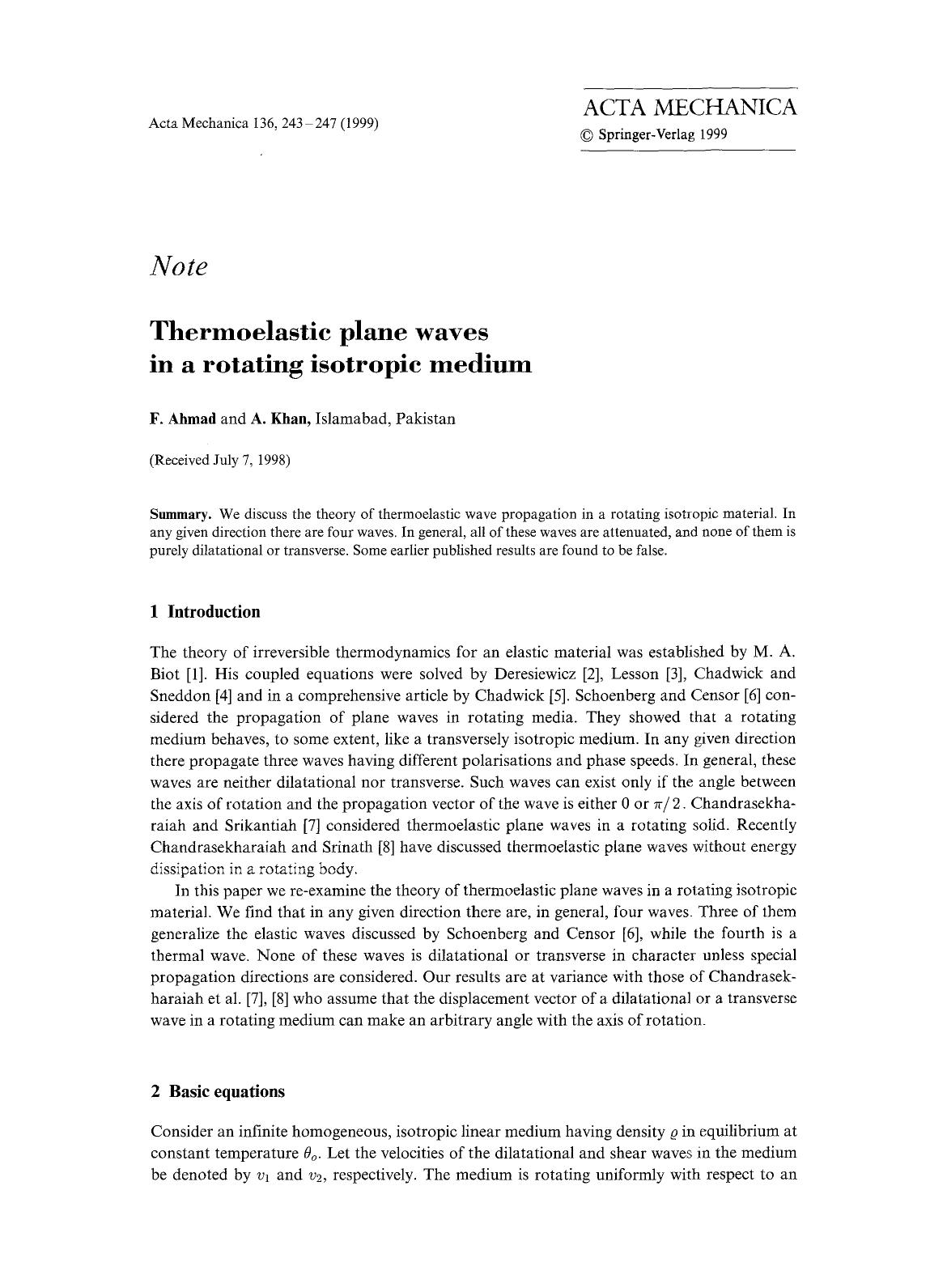Thermoelastic plane waves in a rotating isotropic medium by Unknown