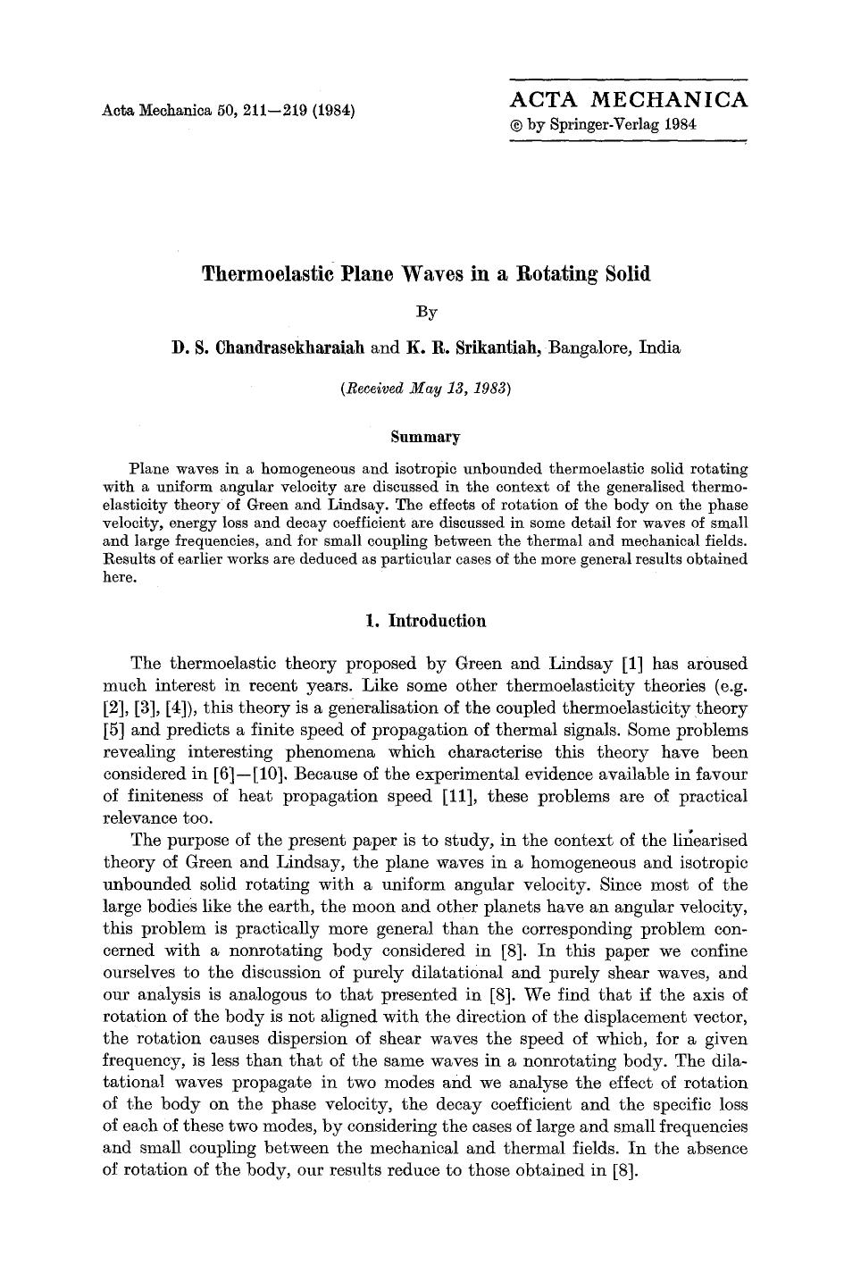 Thermoelastic plane waves in a rotating solid by Unknown